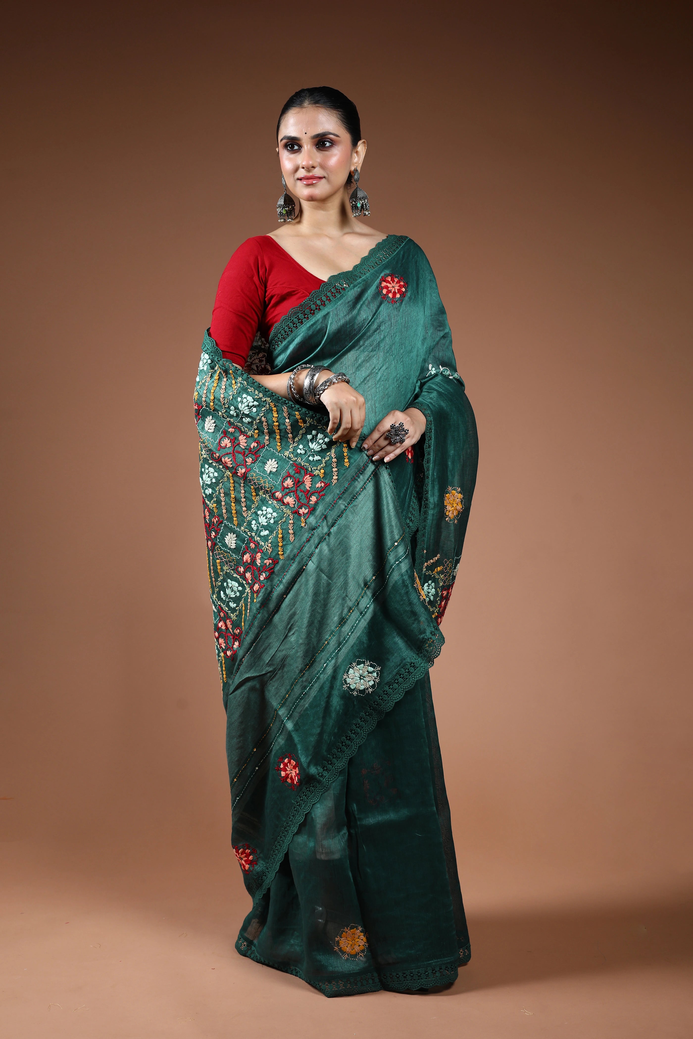 Forest Green Linen Fusion Saree With Blouse Piece