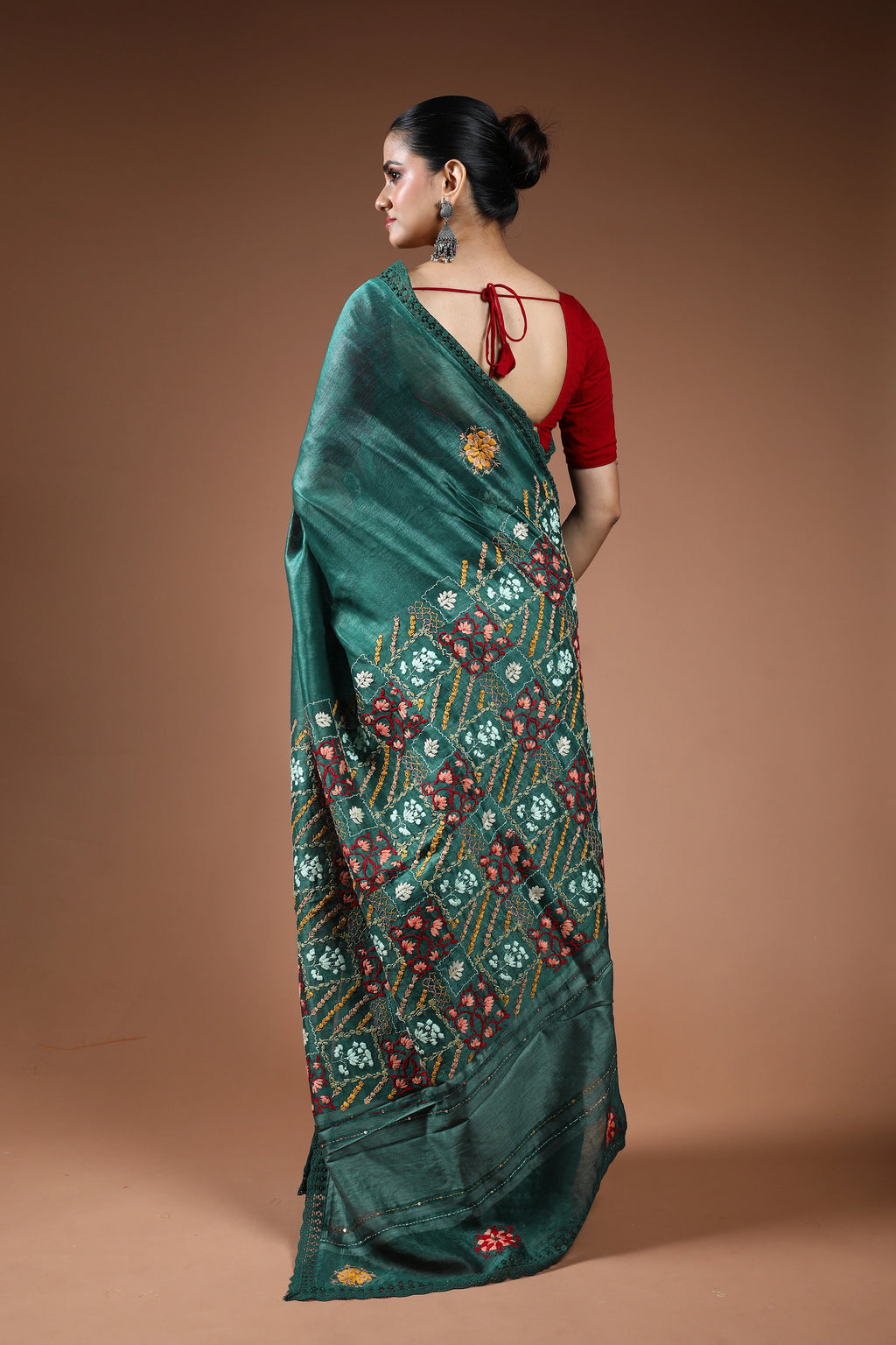 Forest Green Linen Fusion Saree With Blouse Piece