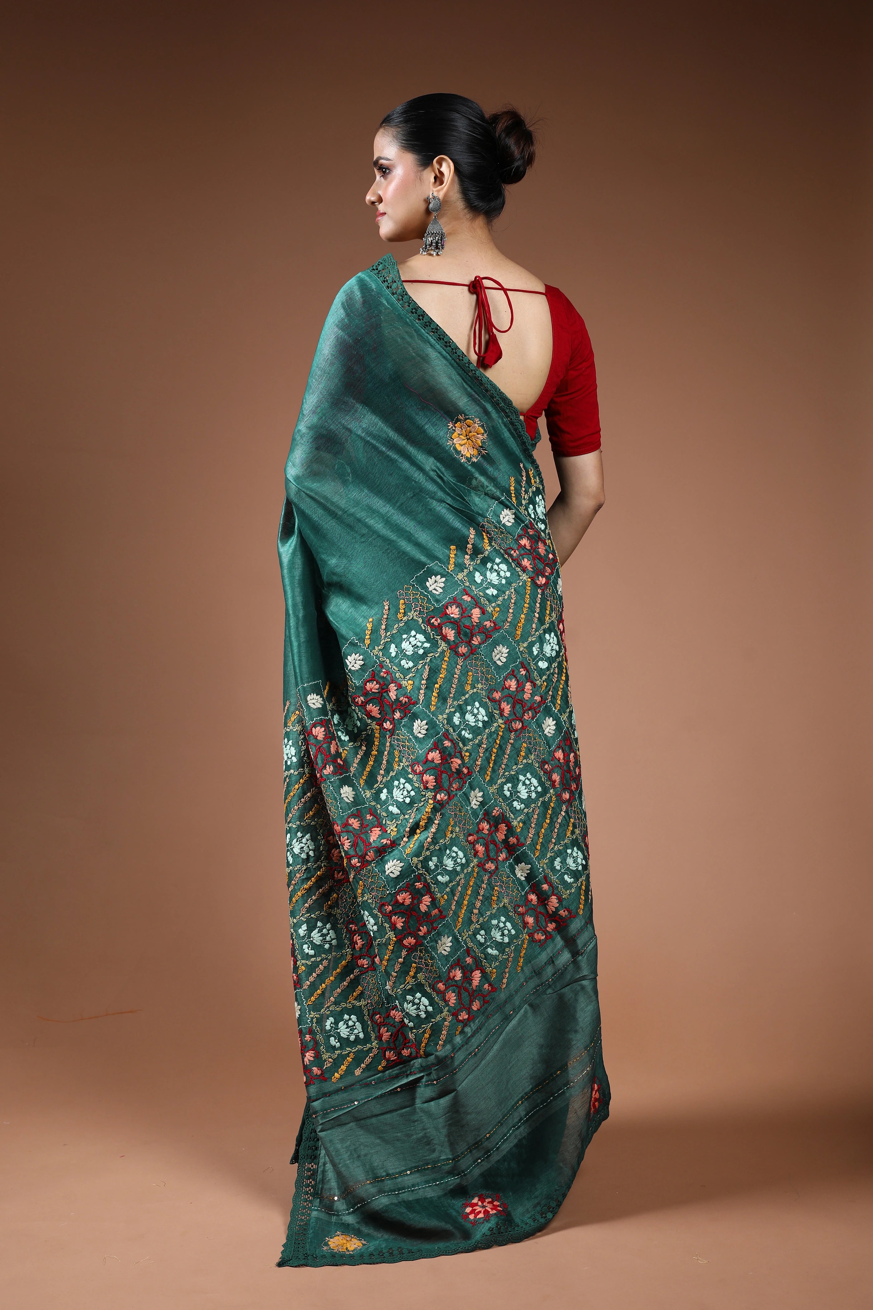 Forest Green Linen Fusion Saree With Blouse Piece