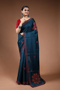 Midnight Blue Linen Gujarati Work Saree With Blouse Piece