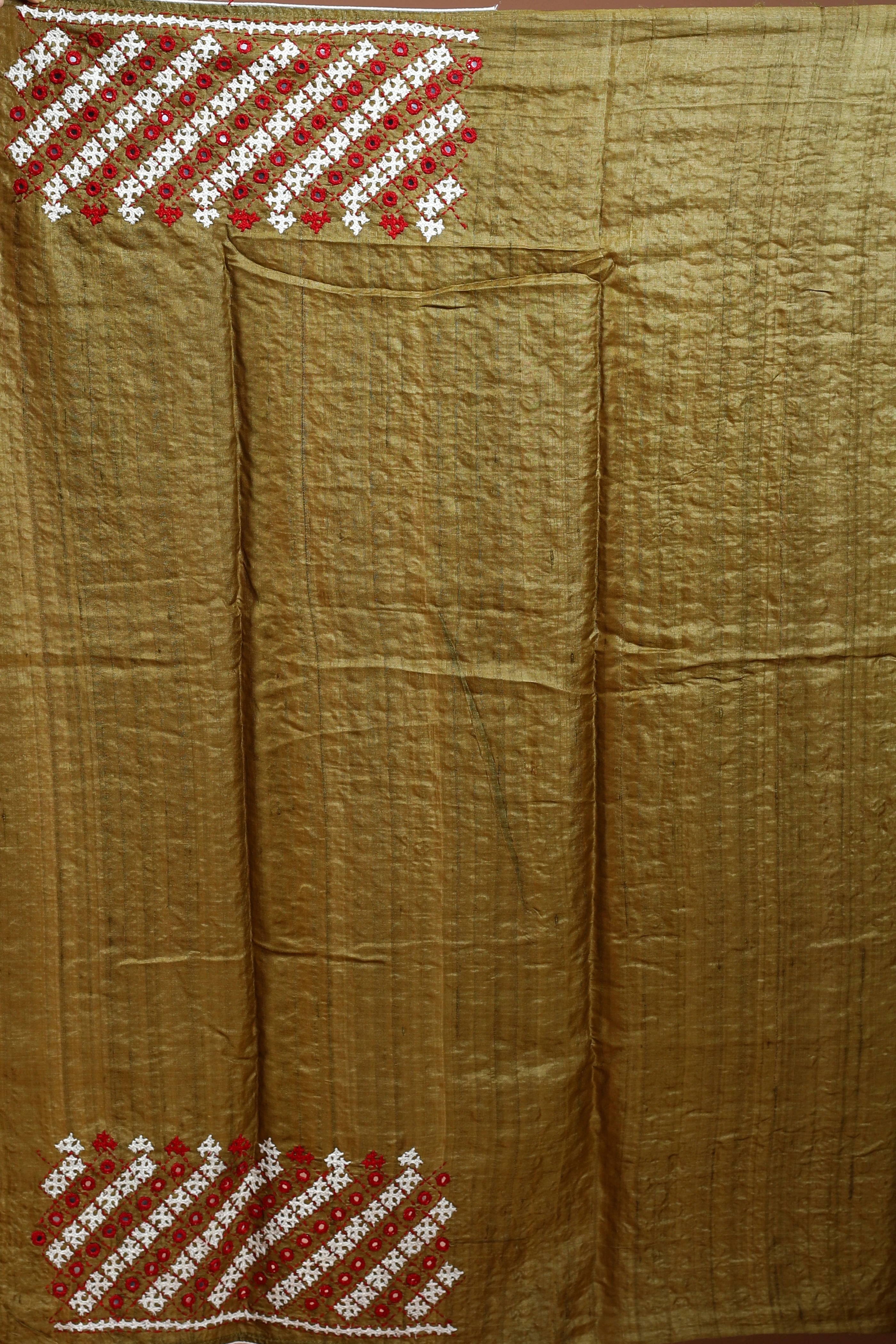 Dark Olive Green Tussar Hand Gujarati Saree With Blouse Piece