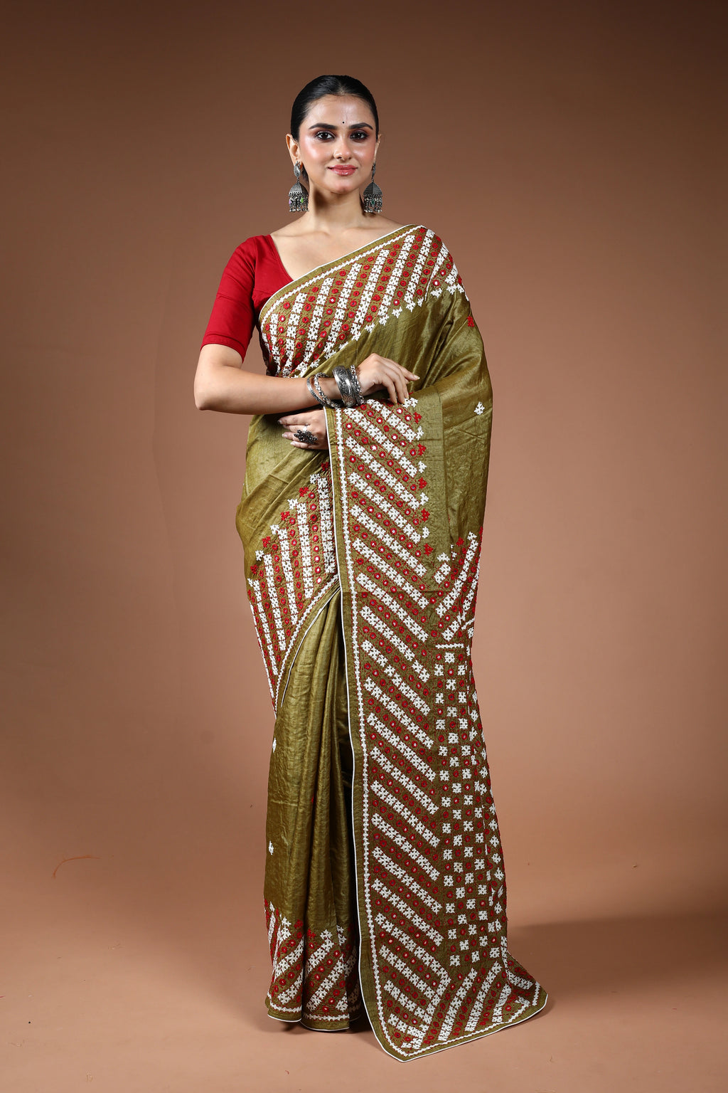 Dark Olive Green Tussar Hand Gujarati Saree With Blouse Piece