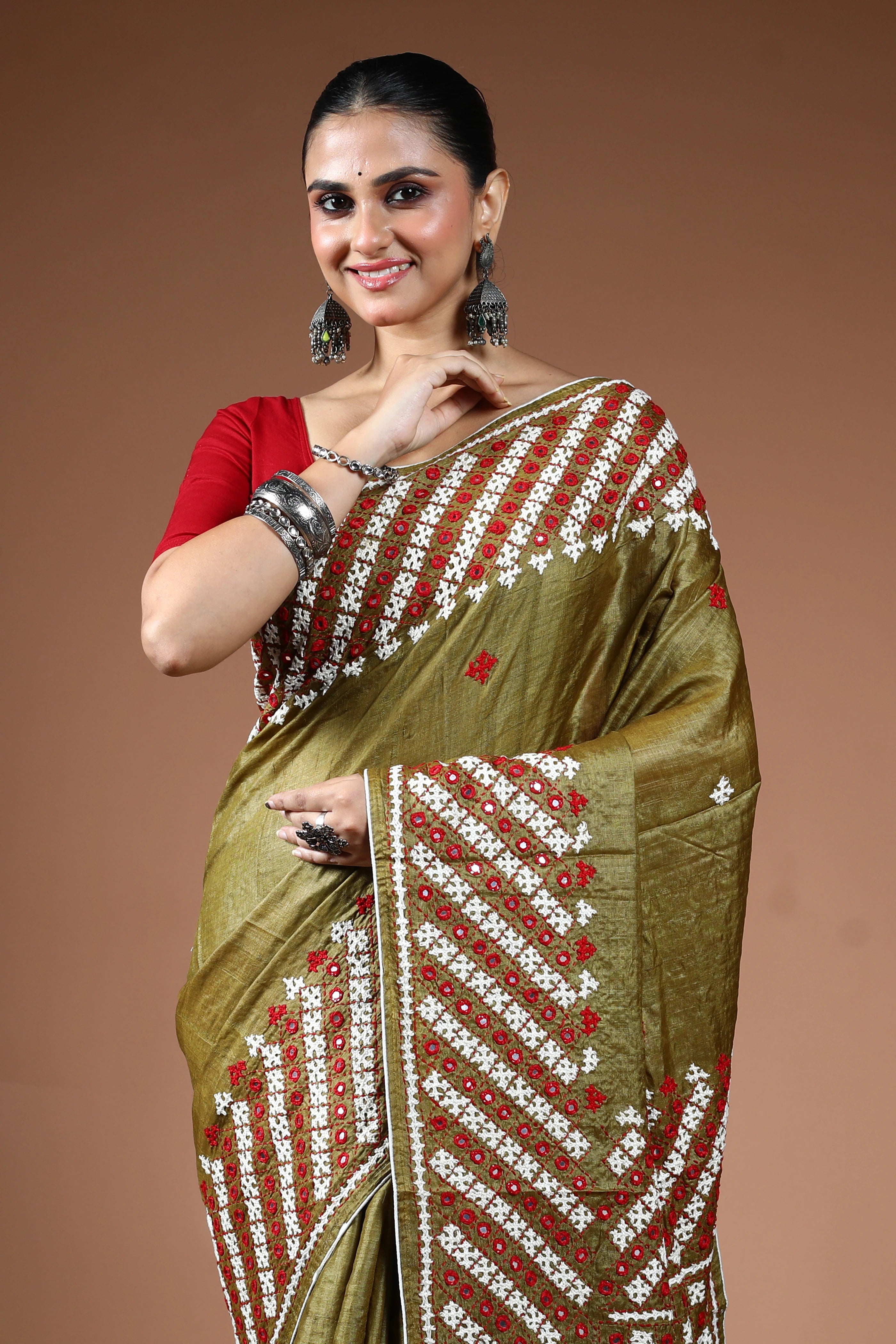 Dark Olive Green Tussar Hand Gujarati Saree With Blouse Piece