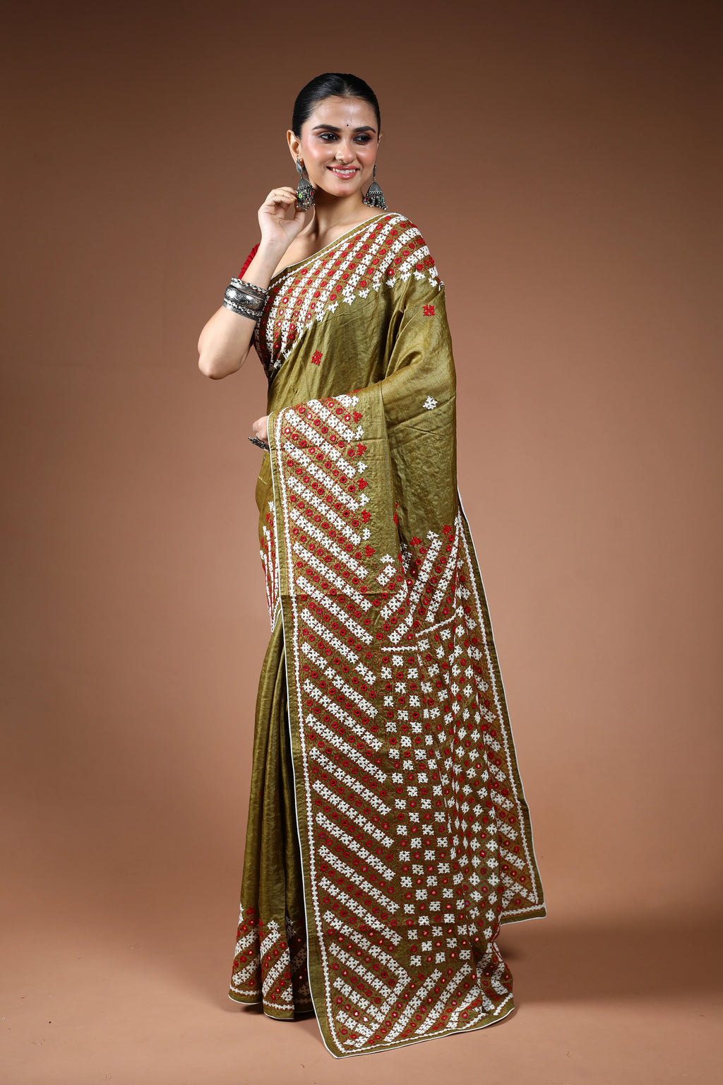 Dark Olive Green Tussar Hand Gujarati Saree With Blouse Piece