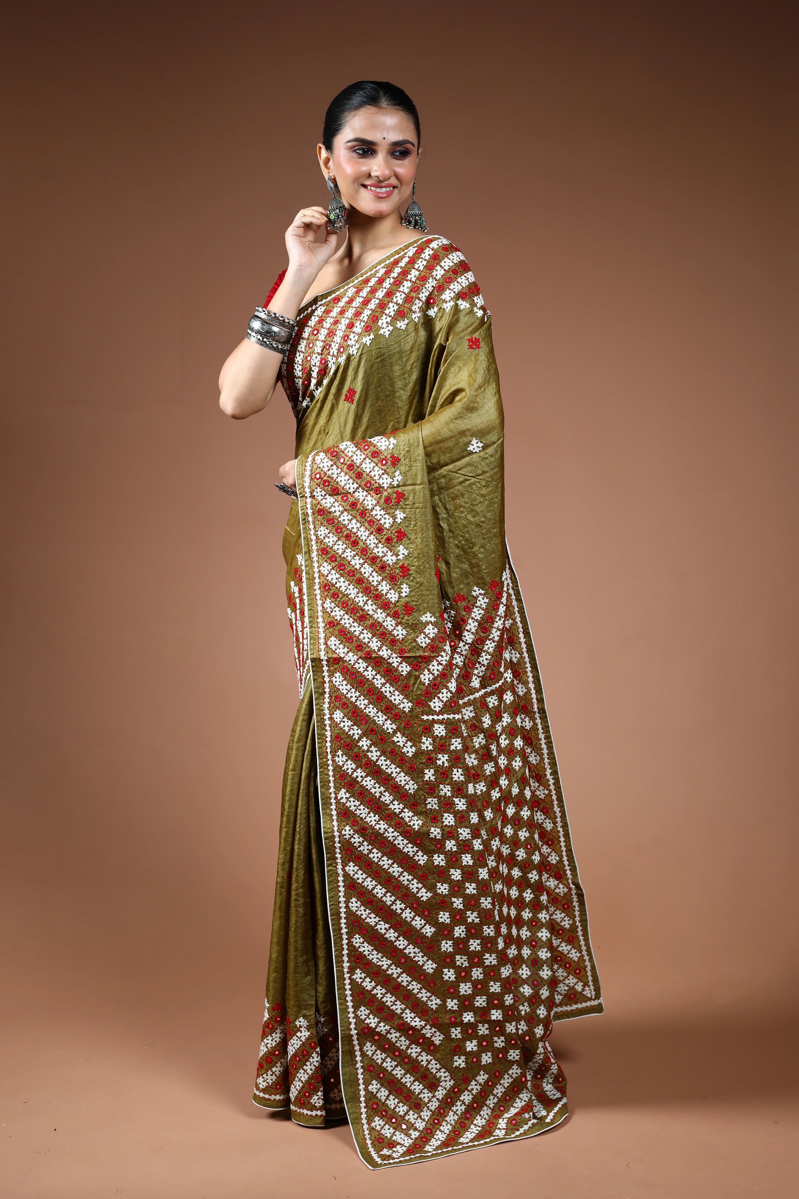 Dark Olive Green Tussar Hand Gujarati Saree With Blouse Piece