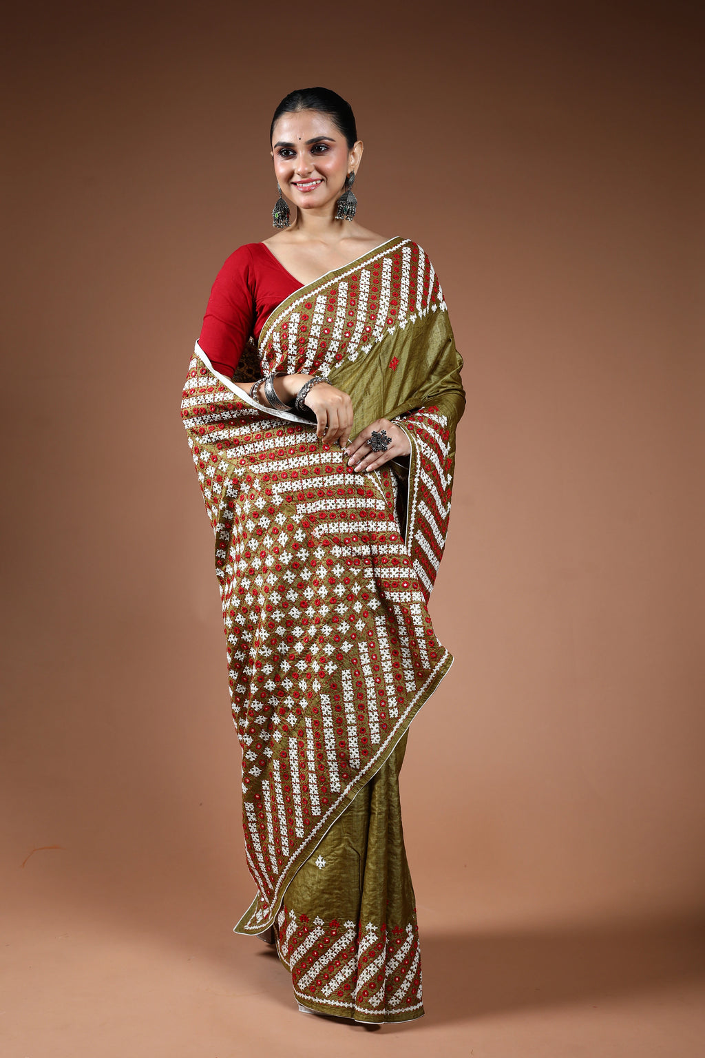 Dark Olive Green Tussar Hand Gujarati Saree With Blouse Piece