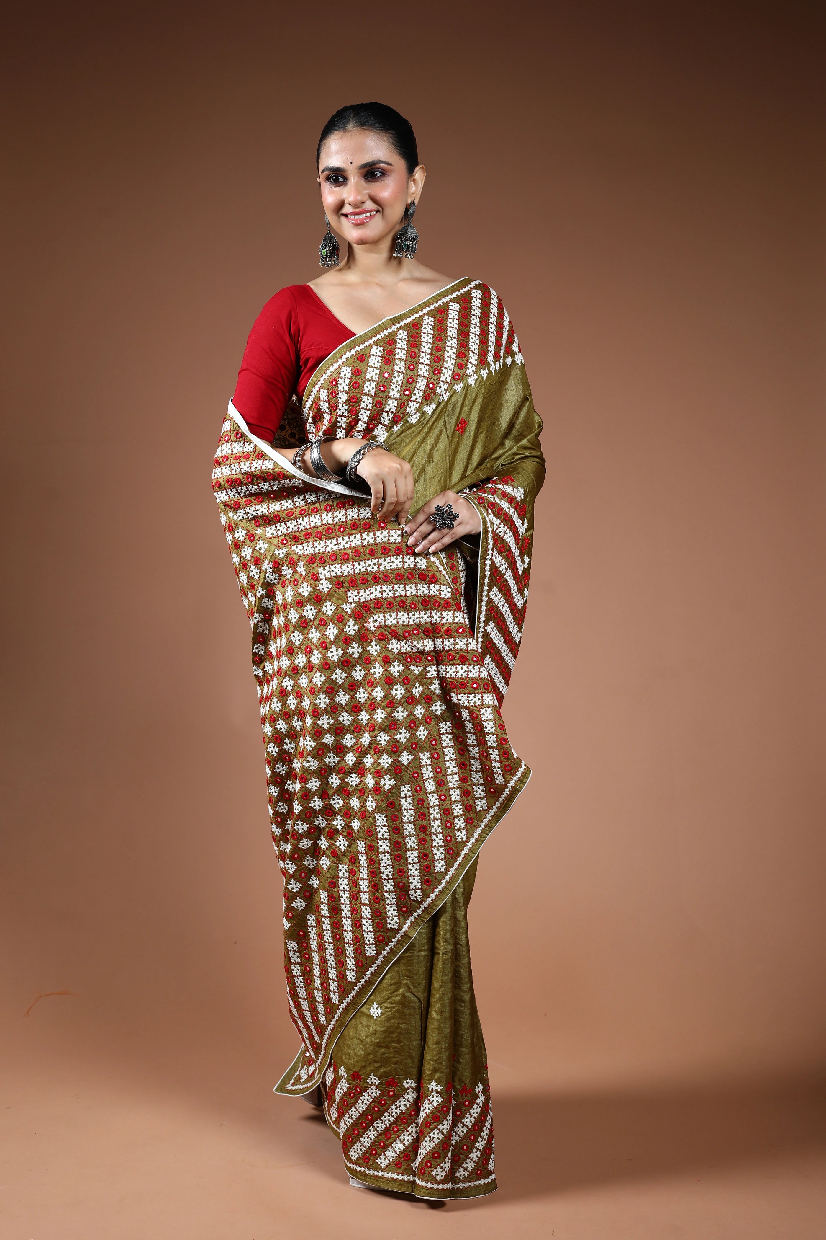 Dark Olive Green Tussar Hand Gujarati Saree With Blouse Piece