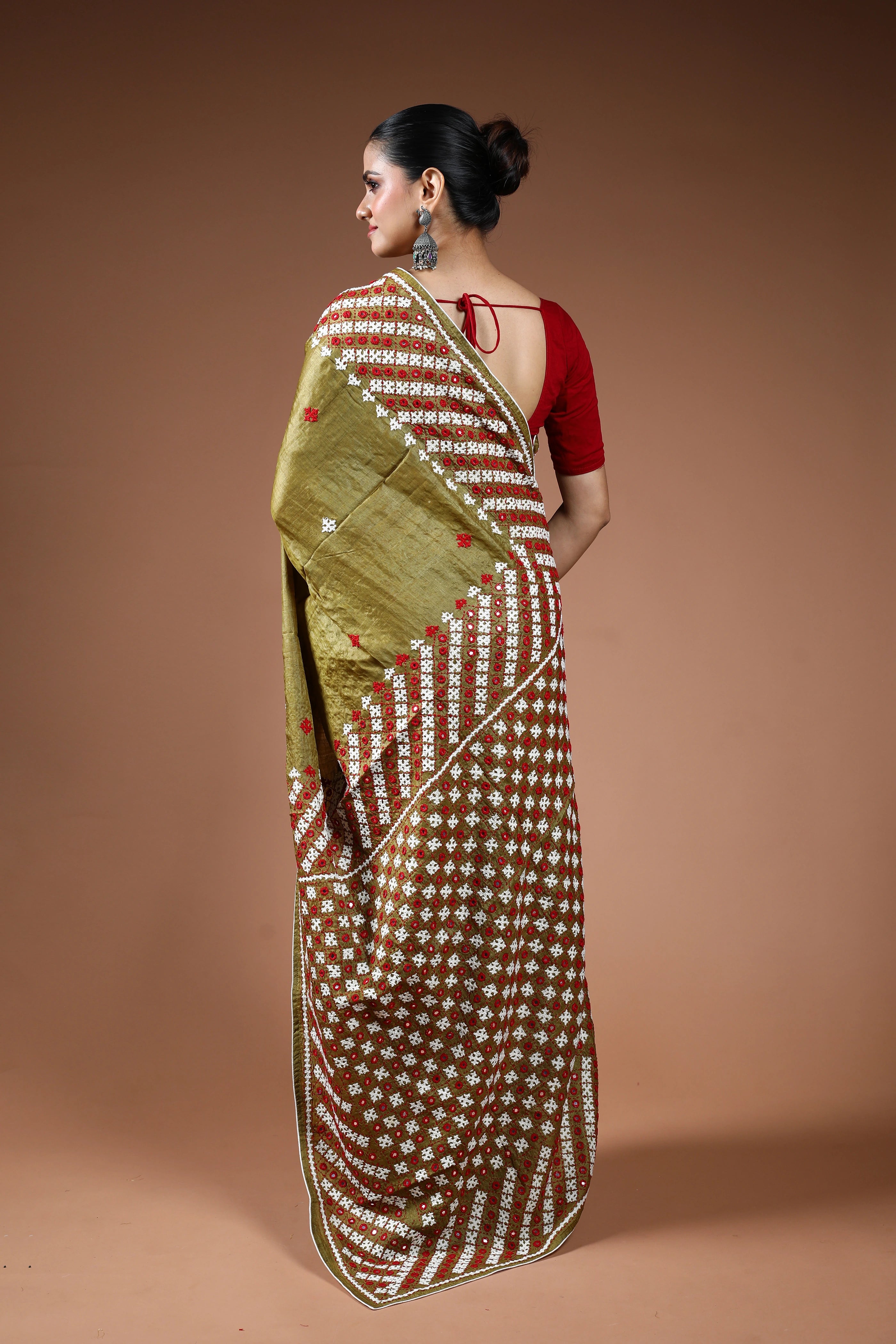 Dark Olive Green Tussar Hand Gujarati Saree With Blouse Piece