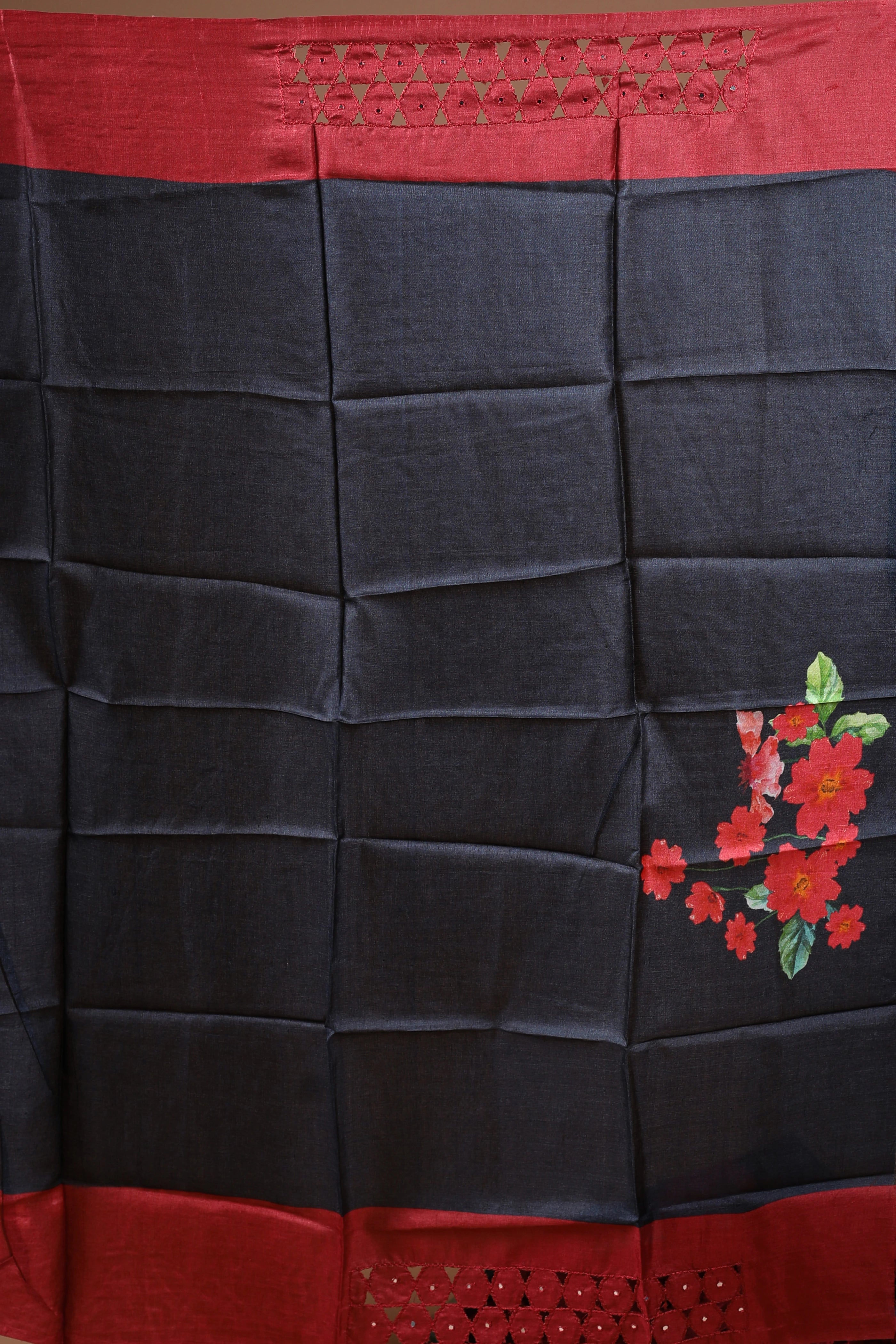 Charcole Black Tussar Digital Print Cutwork Saree With Blouse Piece