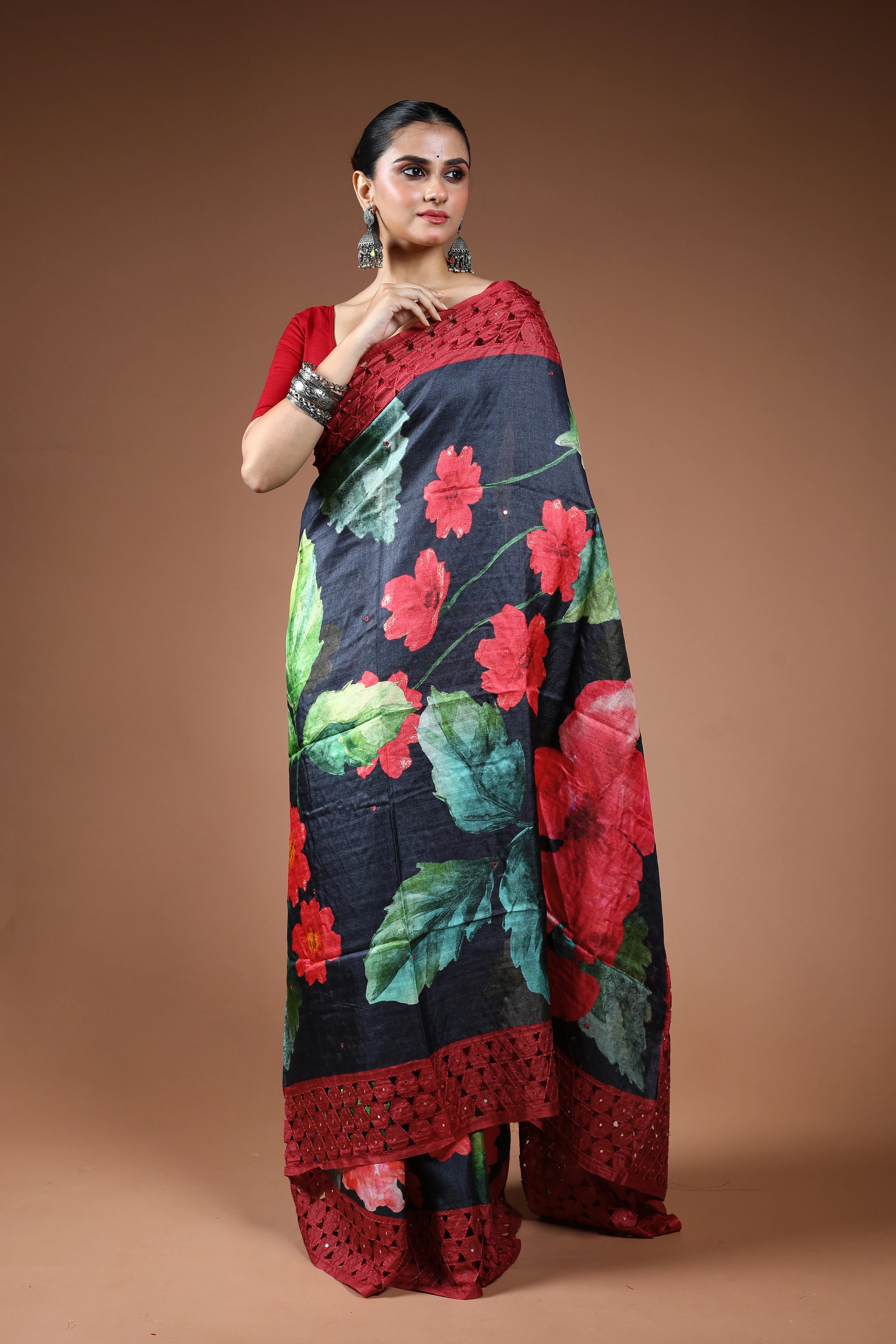 Charcole Black Tussar Digital Print Cutwork Saree With Blouse Piece