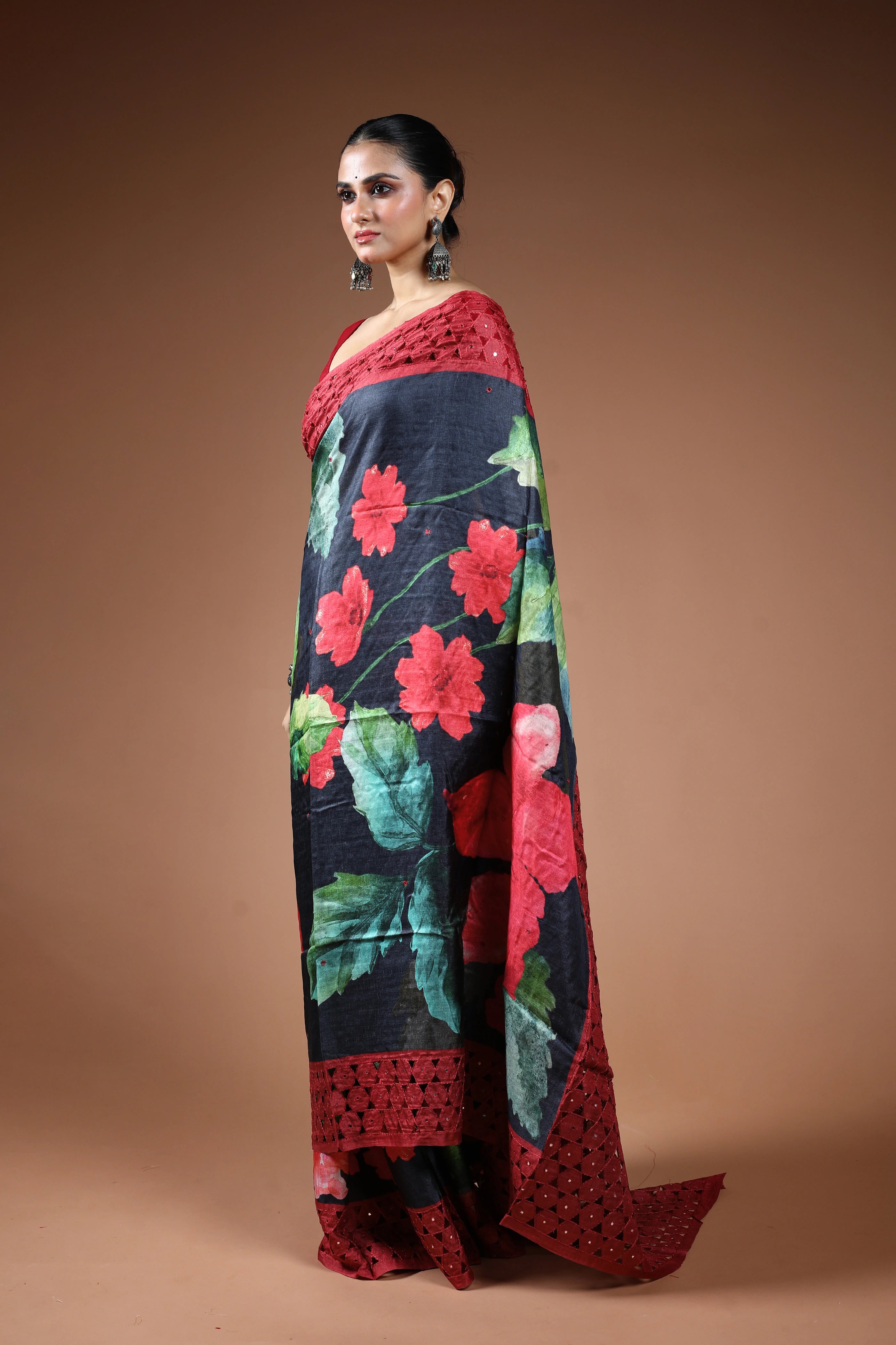 Charcole Black Tussar Digital Print Cutwork Saree With Blouse Piece