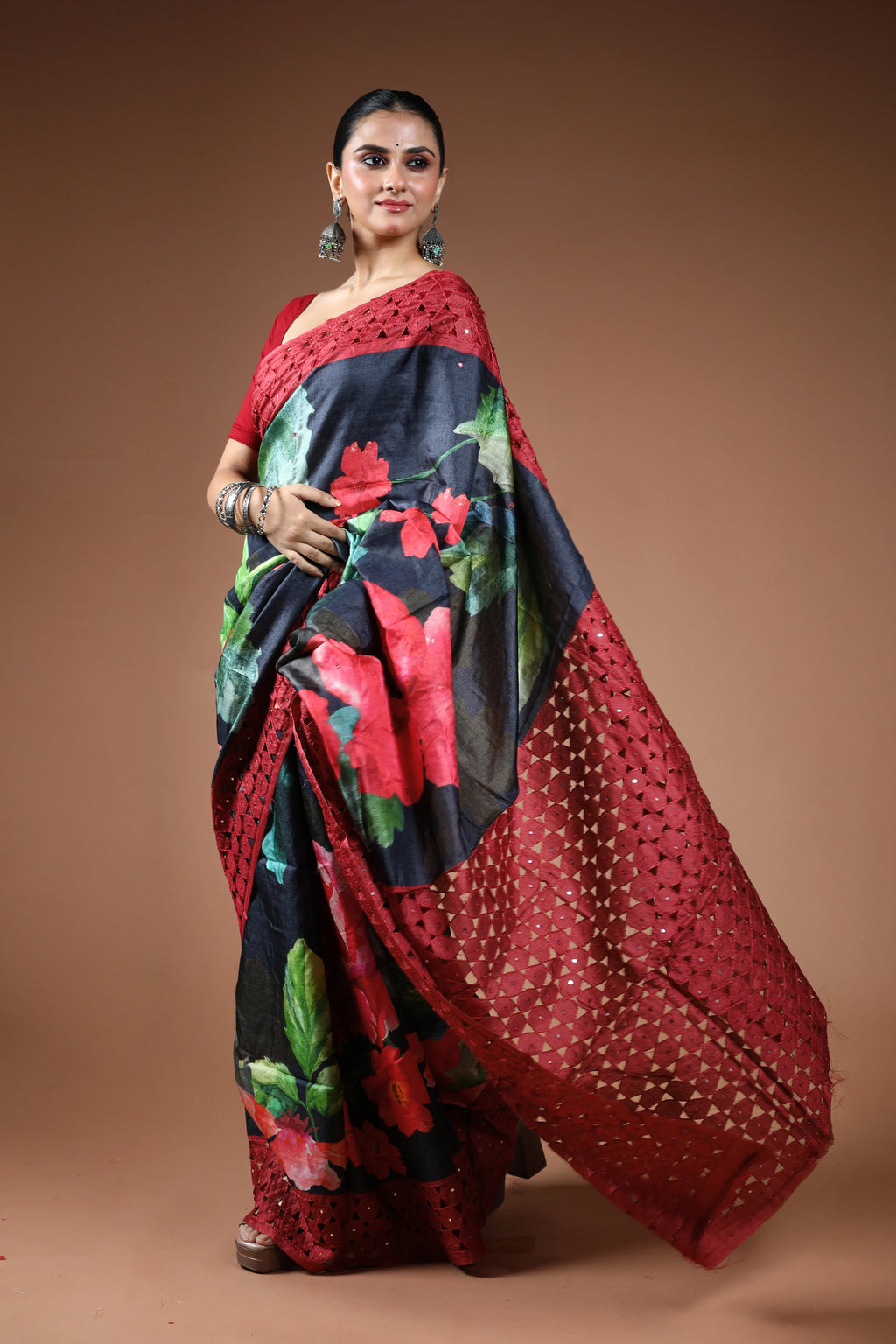 Charcole Black Tussar Digital Print Cutwork Saree With Blouse Piece
