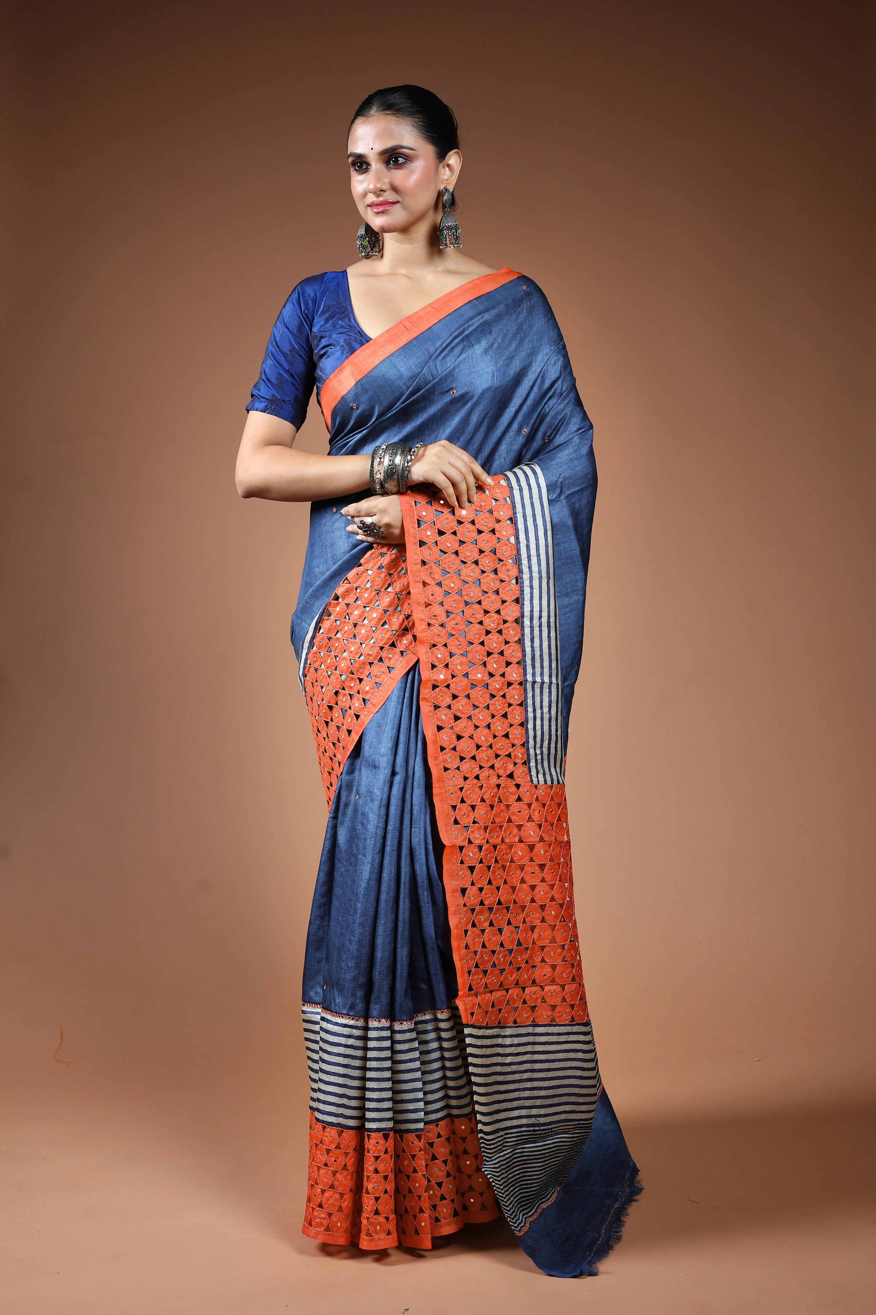 Indigo Blue Tussar Cutwork Saree With Blouse Piece
