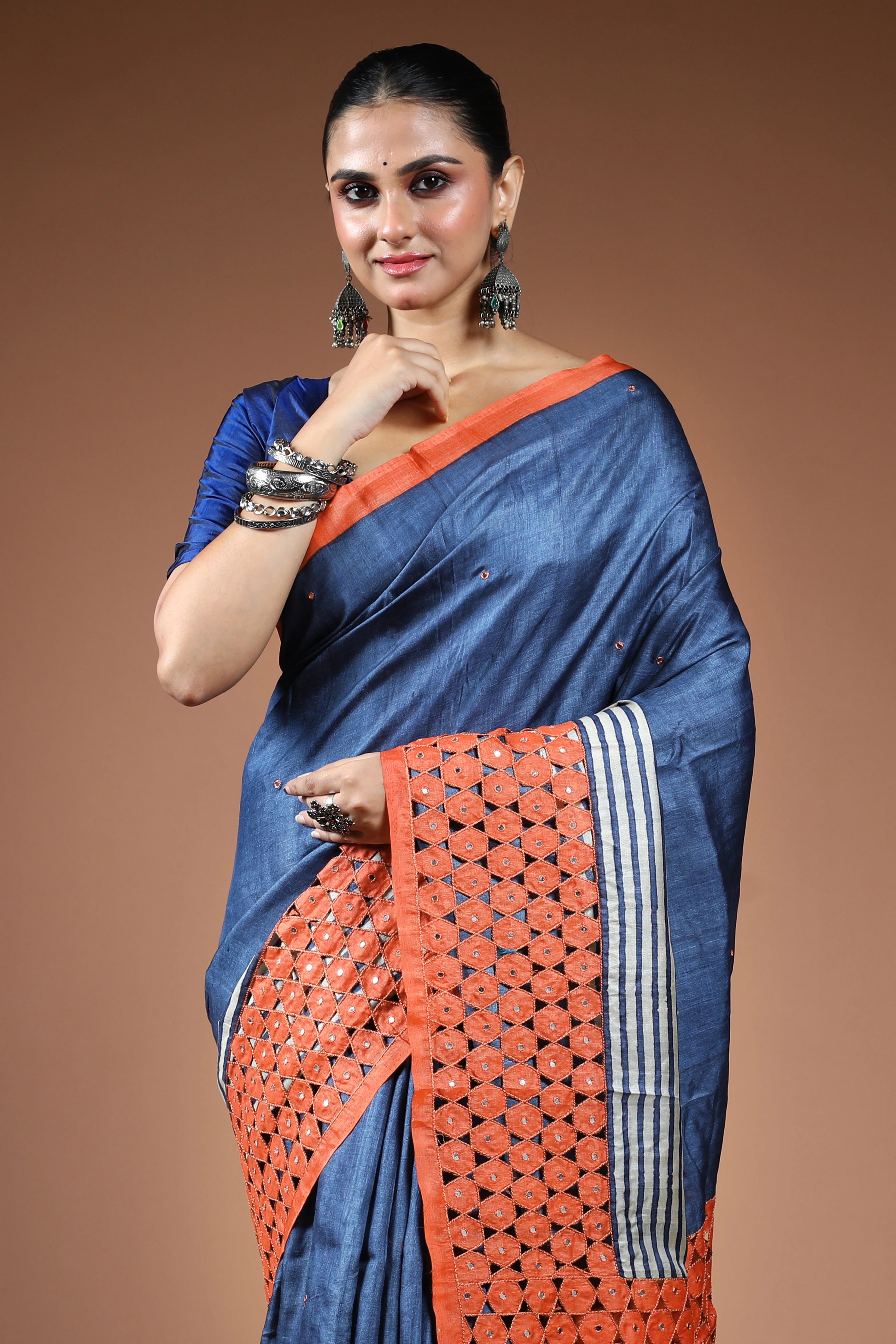 Indigo Blue Tussar Cutwork Saree With Blouse Piece