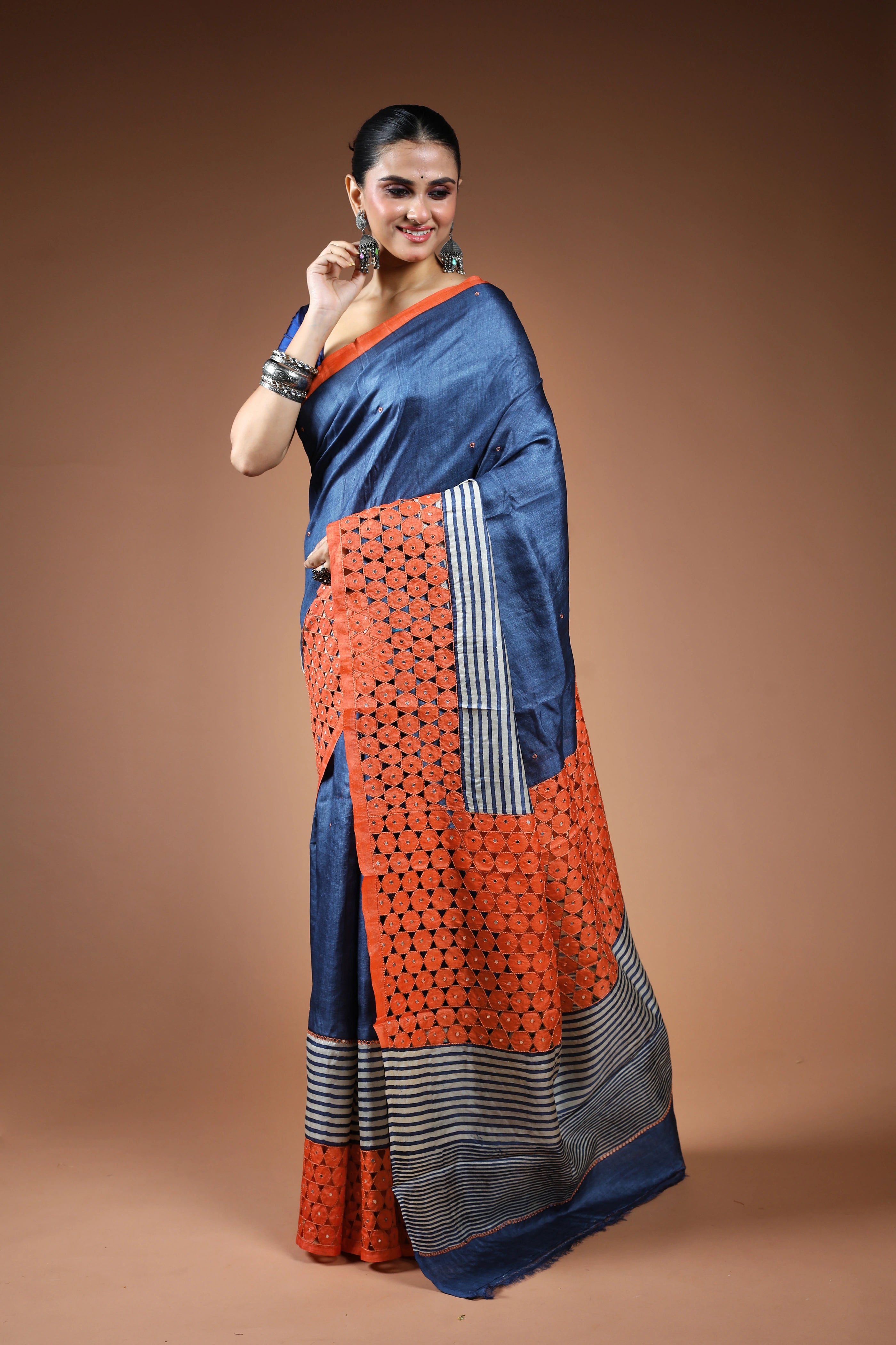 Indigo Blue Tussar Cutwork Saree With Blouse Piece