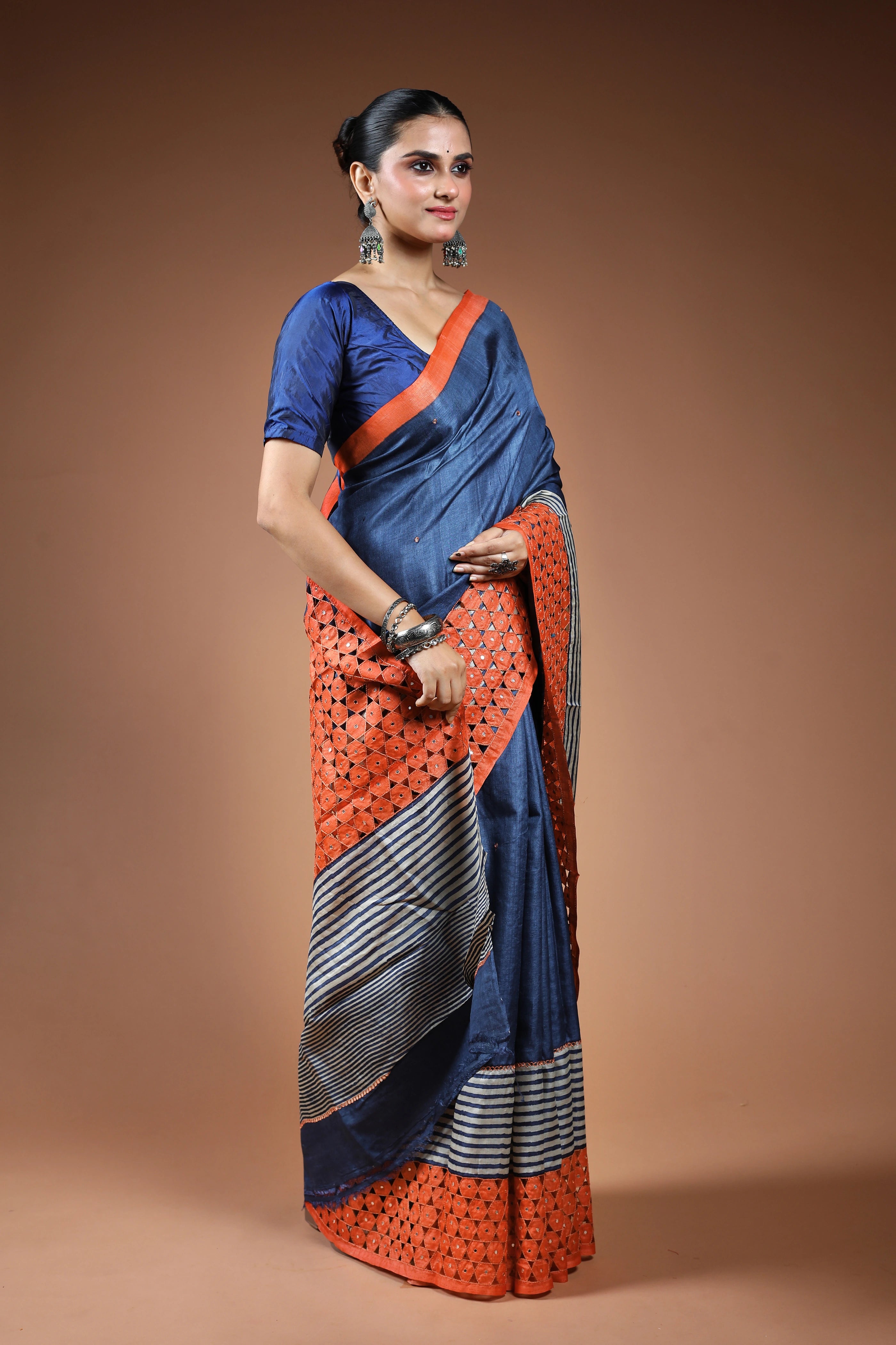 Indigo Blue Tussar Cutwork Saree With Blouse Piece