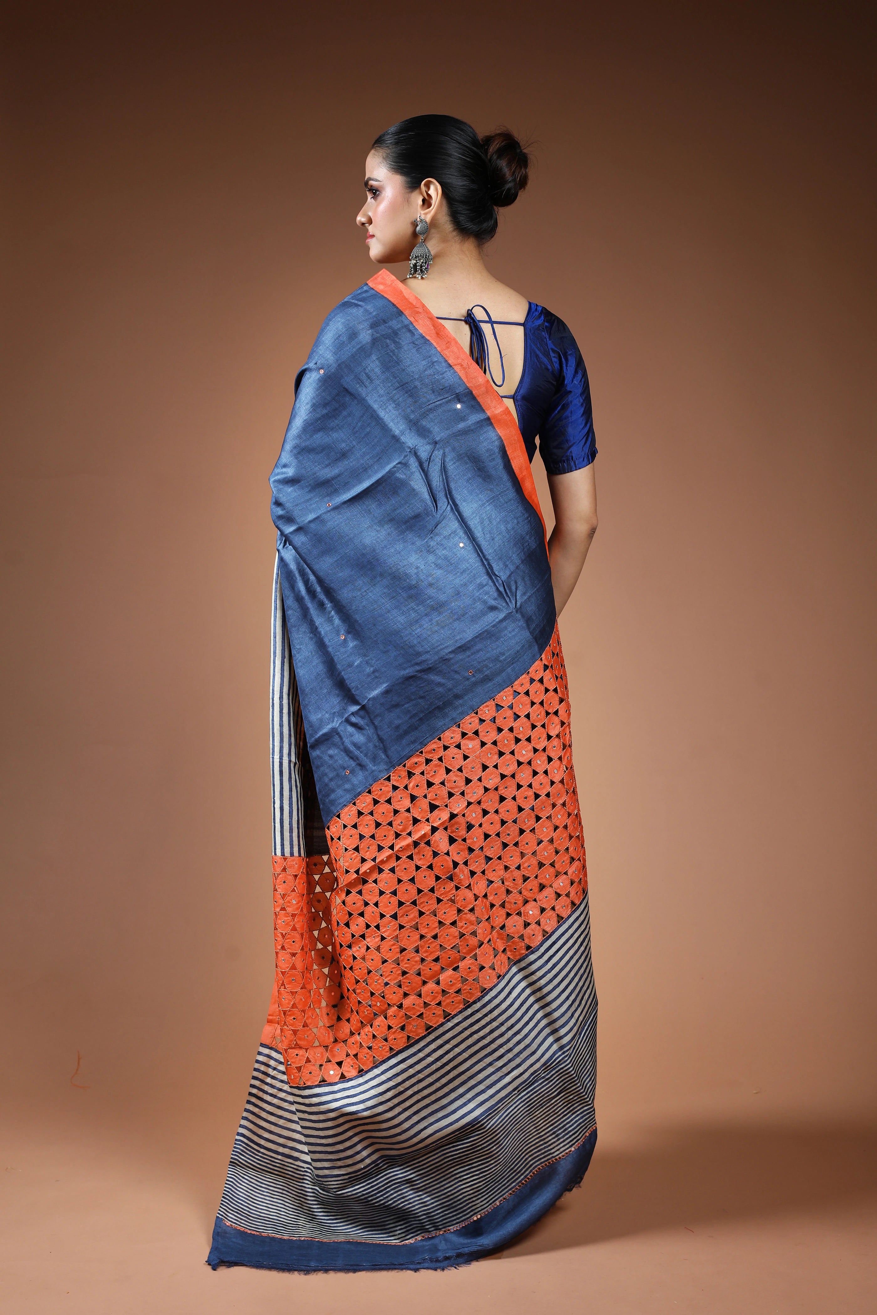Indigo Blue Tussar Cutwork Saree With Blouse Piece