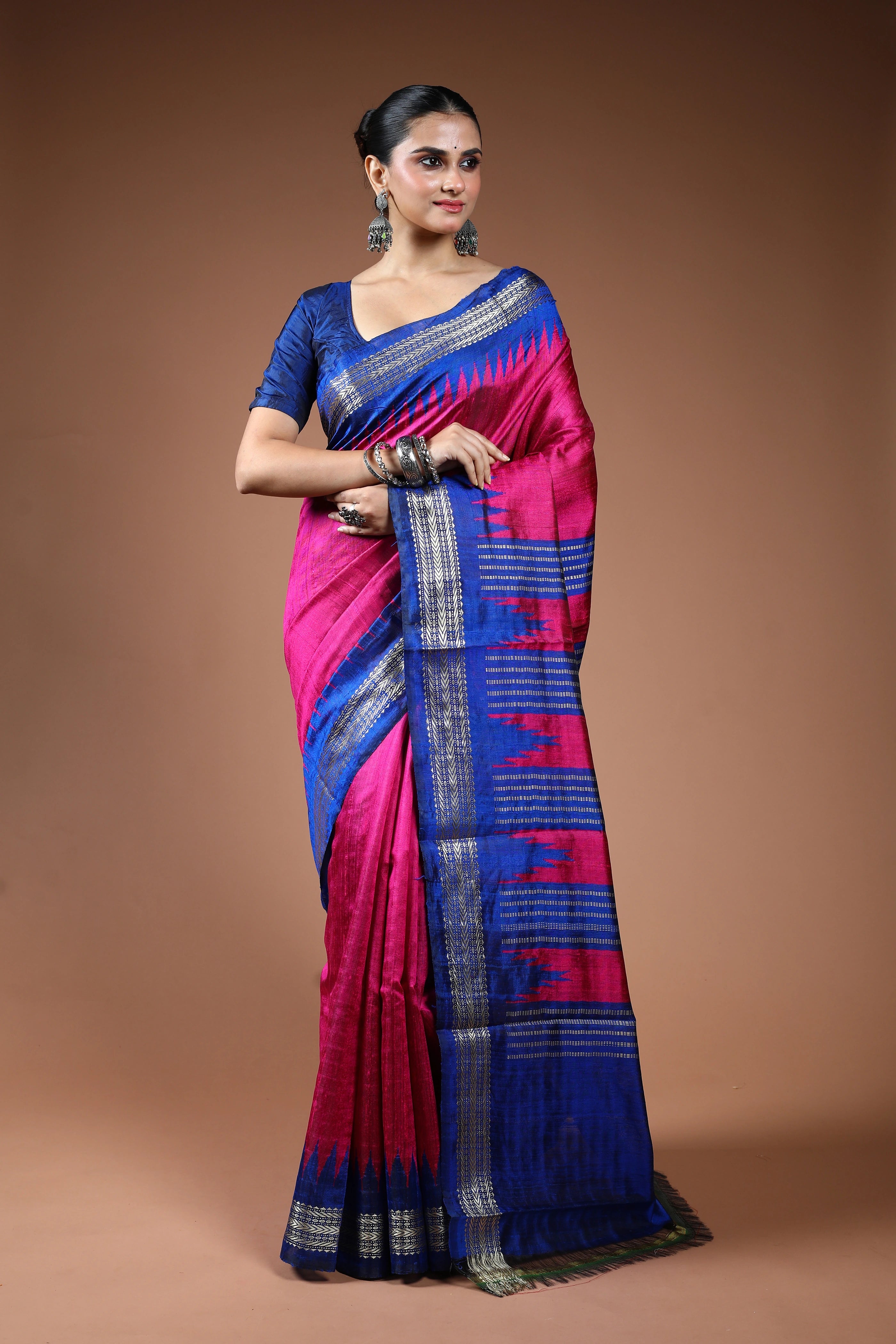 Magenda Blue Chattisgarh Raw Silk Saree With Blouse Piece