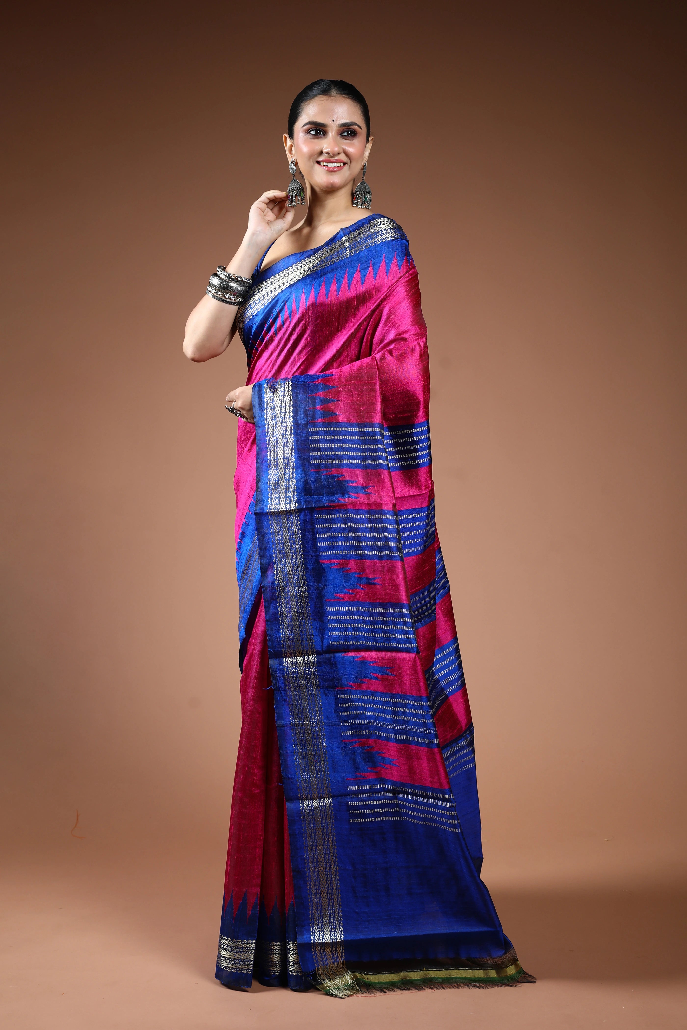 Magenda Blue Chattisgarh Raw Silk Saree With Blouse Piece
