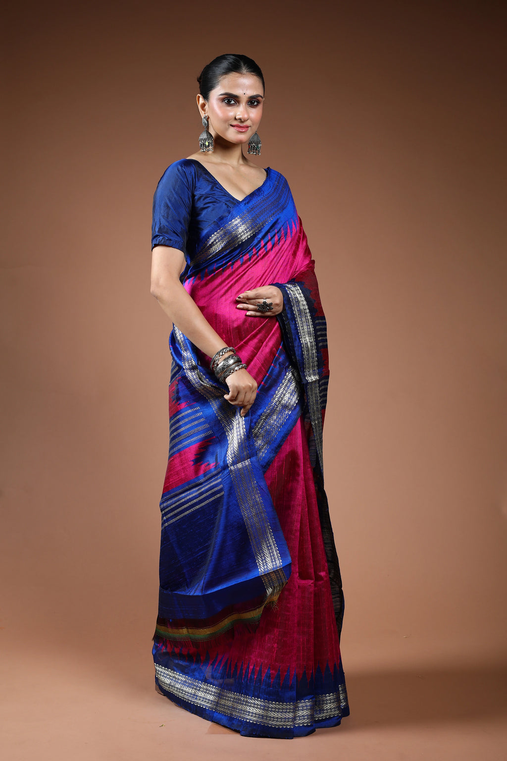 Magenda Blue Chattisgarh Raw Silk Saree With Blouse Piece