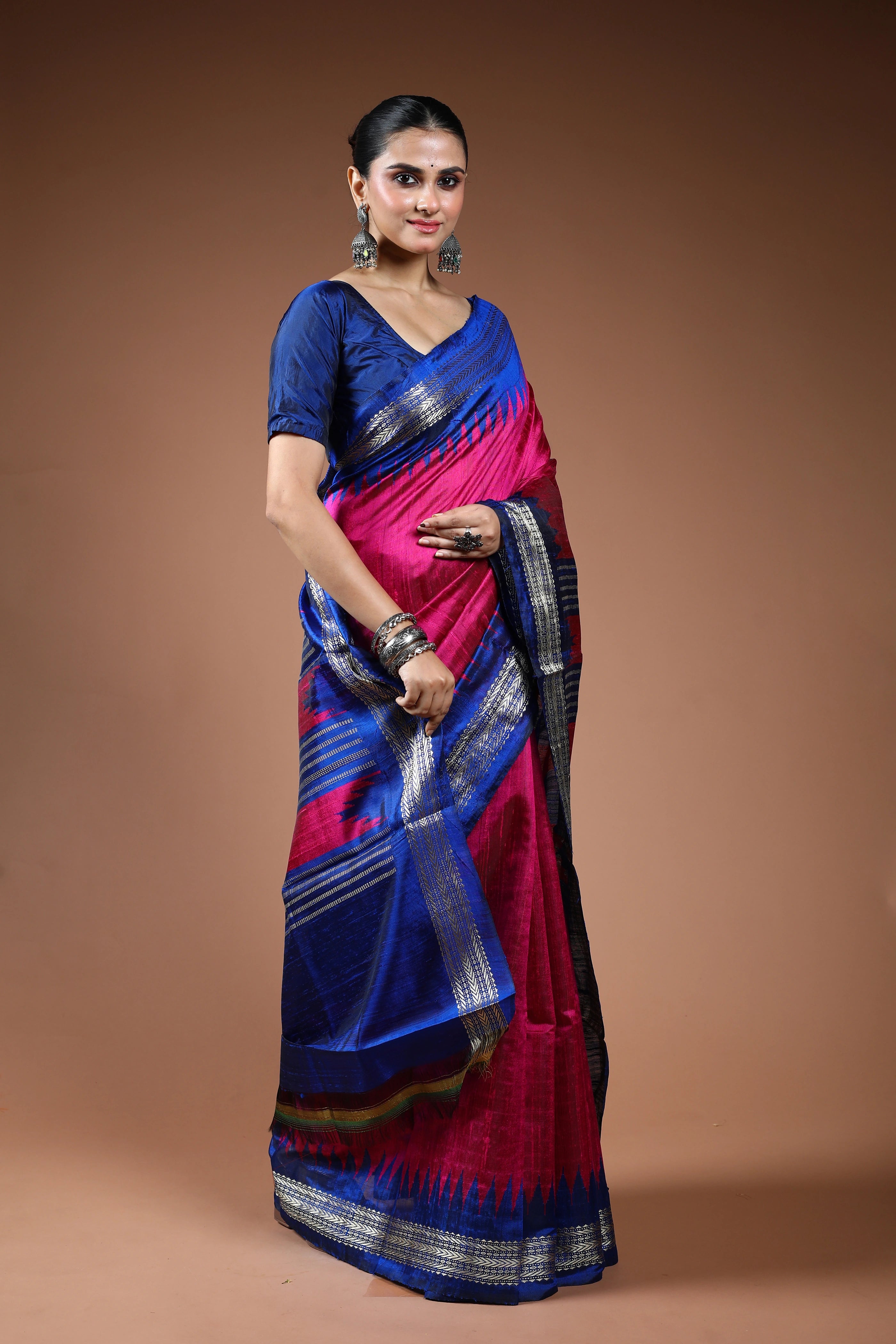 Magenda Blue Chattisgarh Raw Silk Saree With Blouse Piece