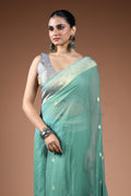 Dusty Sea Green Chiffon Banarasi Saree With Blouse Piece