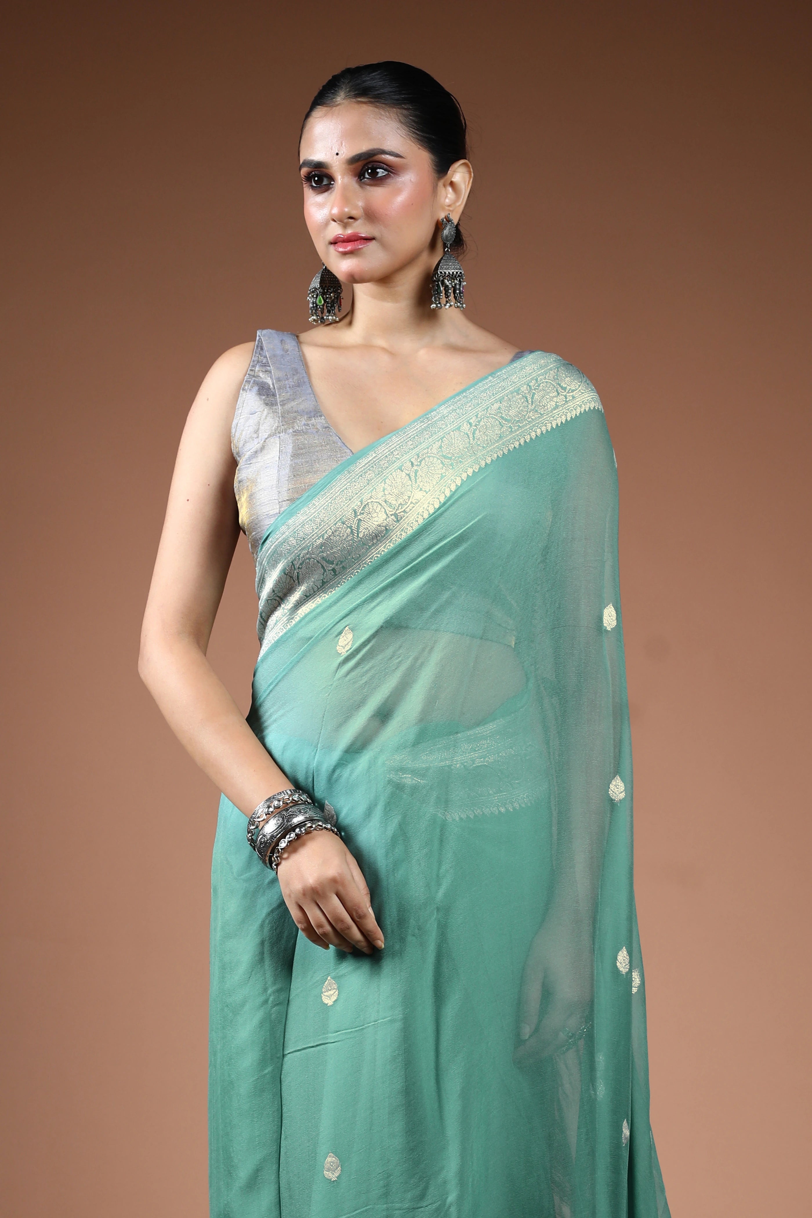 Dusty Sea Green Chiffon Banarasi Saree With Blouse Piece