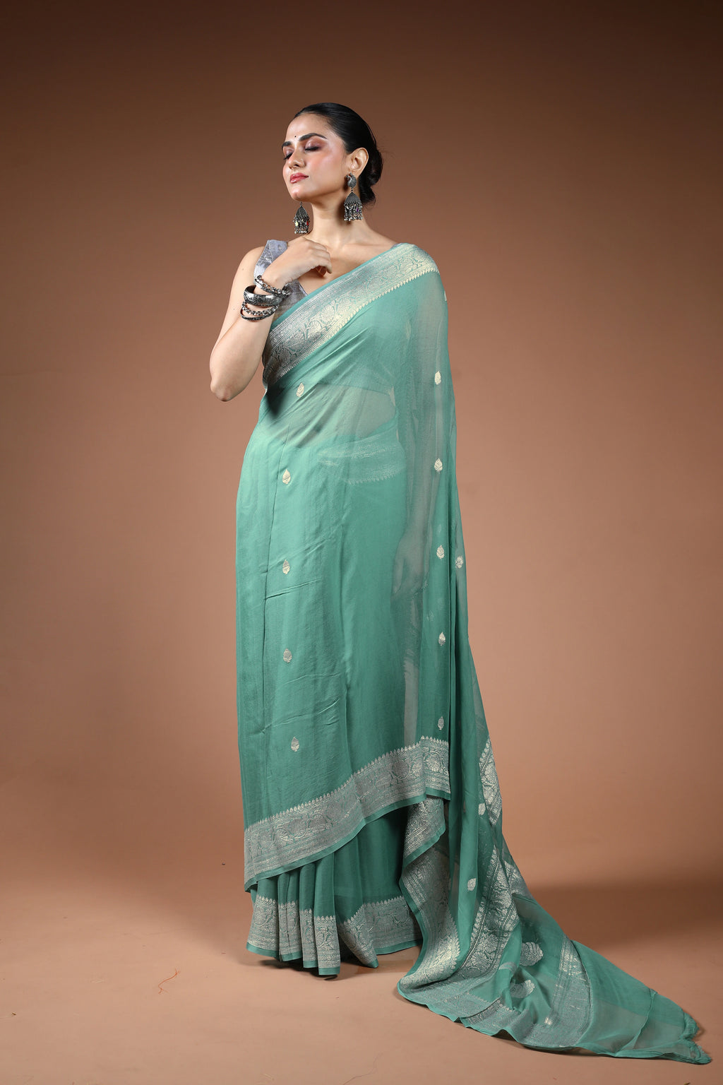 Dusty Sea Green Chiffon Banarasi Saree With Blouse Piece