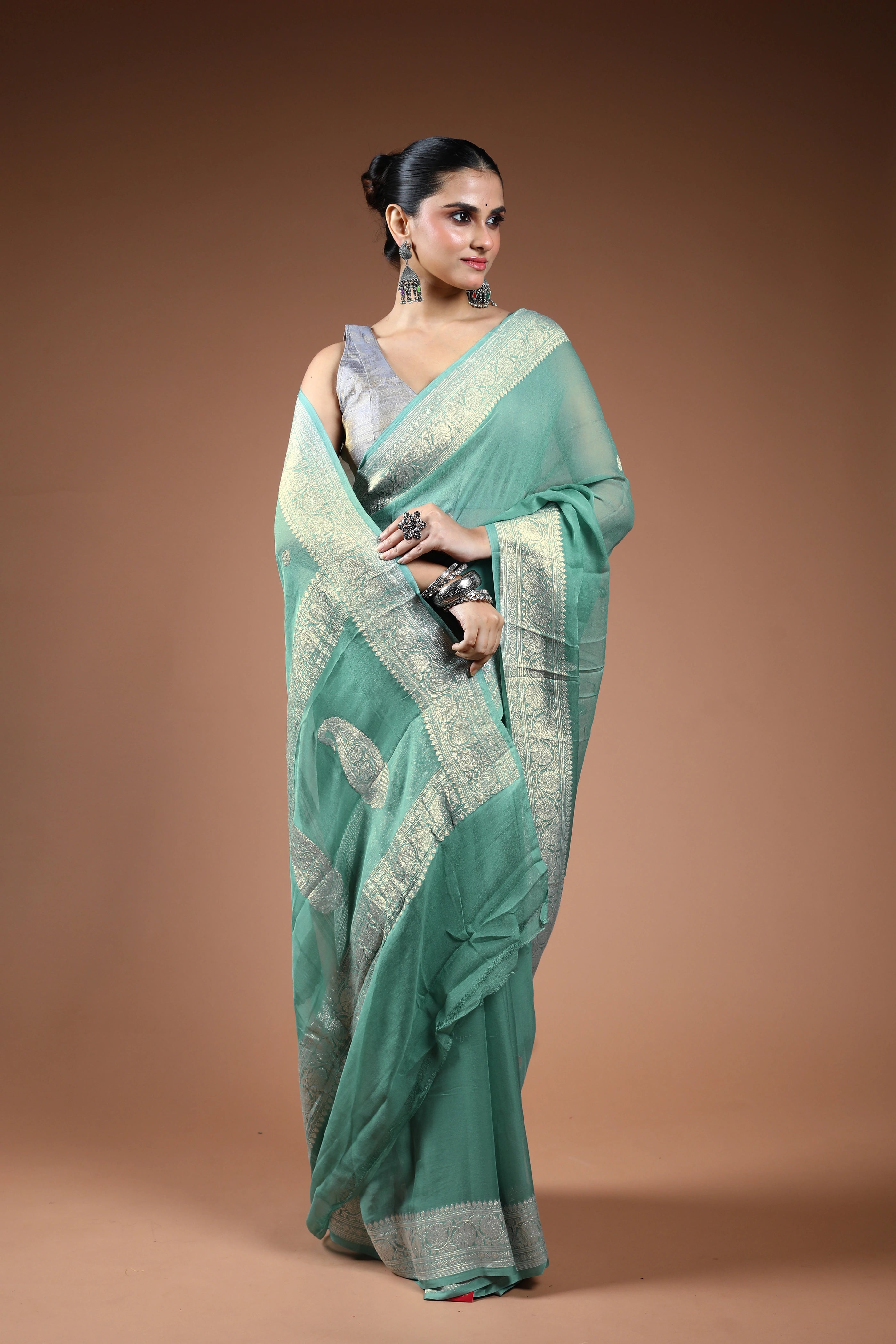 Dusty Sea Green Chiffon Banarasi Saree With Blouse Piece