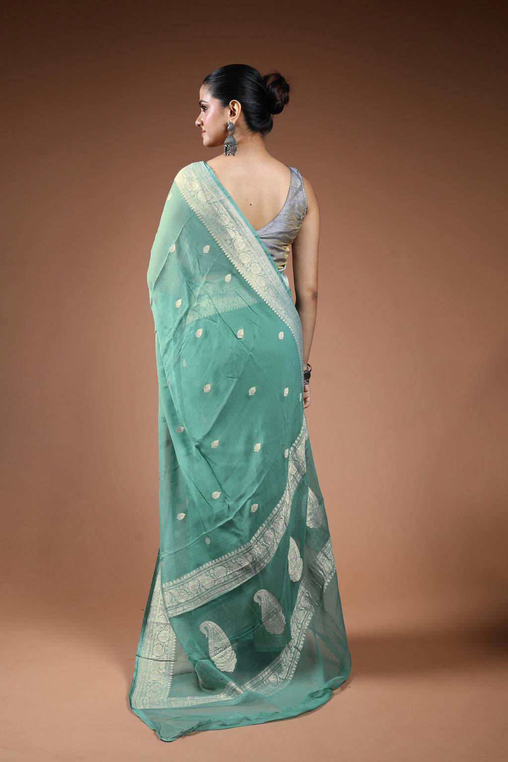 Dusty Sea Green Chiffon Banarasi Saree With Blouse Piece