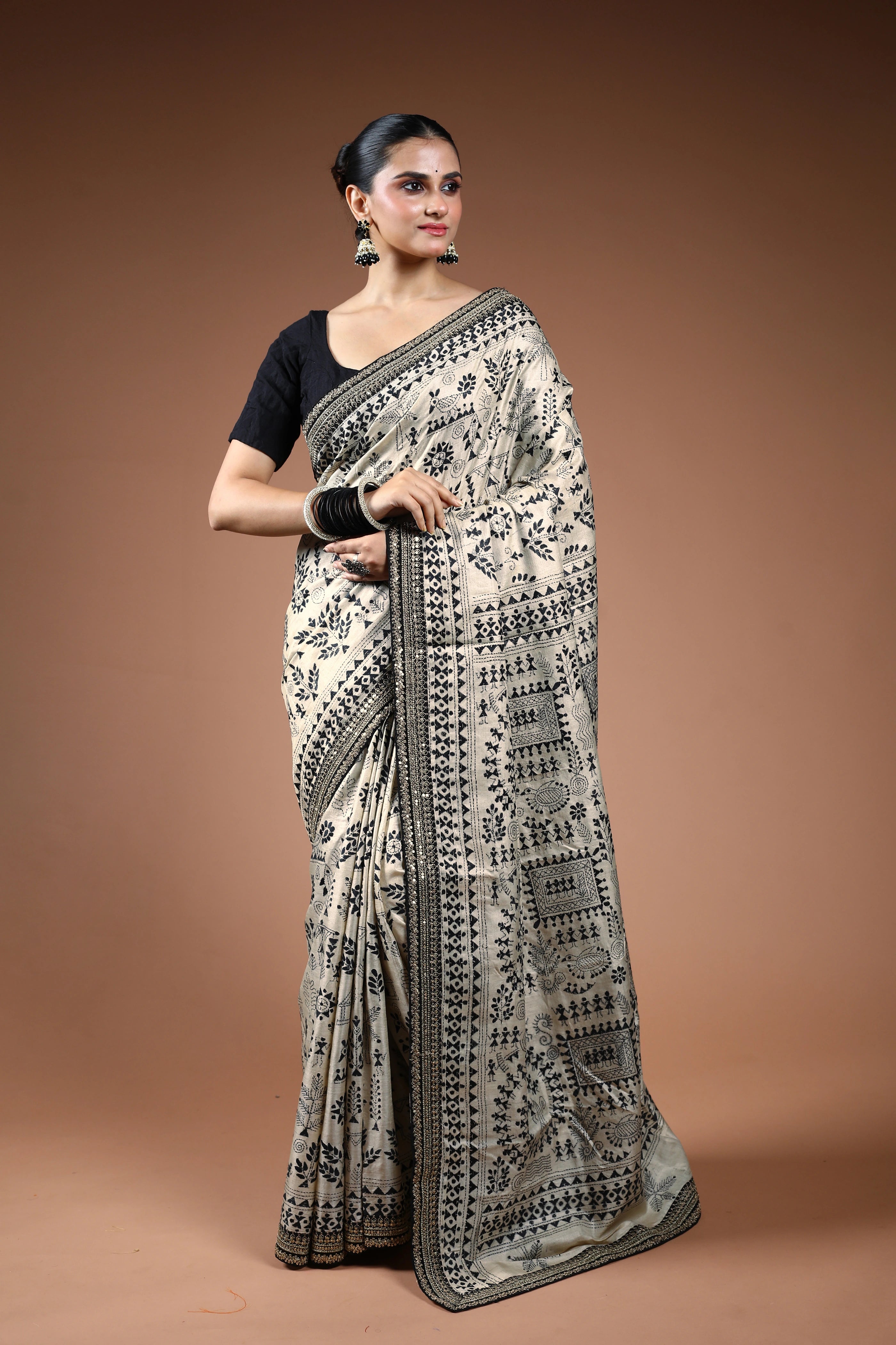 Offwhite Worli Kantha With Desginer Border Saree With Blouse Piece