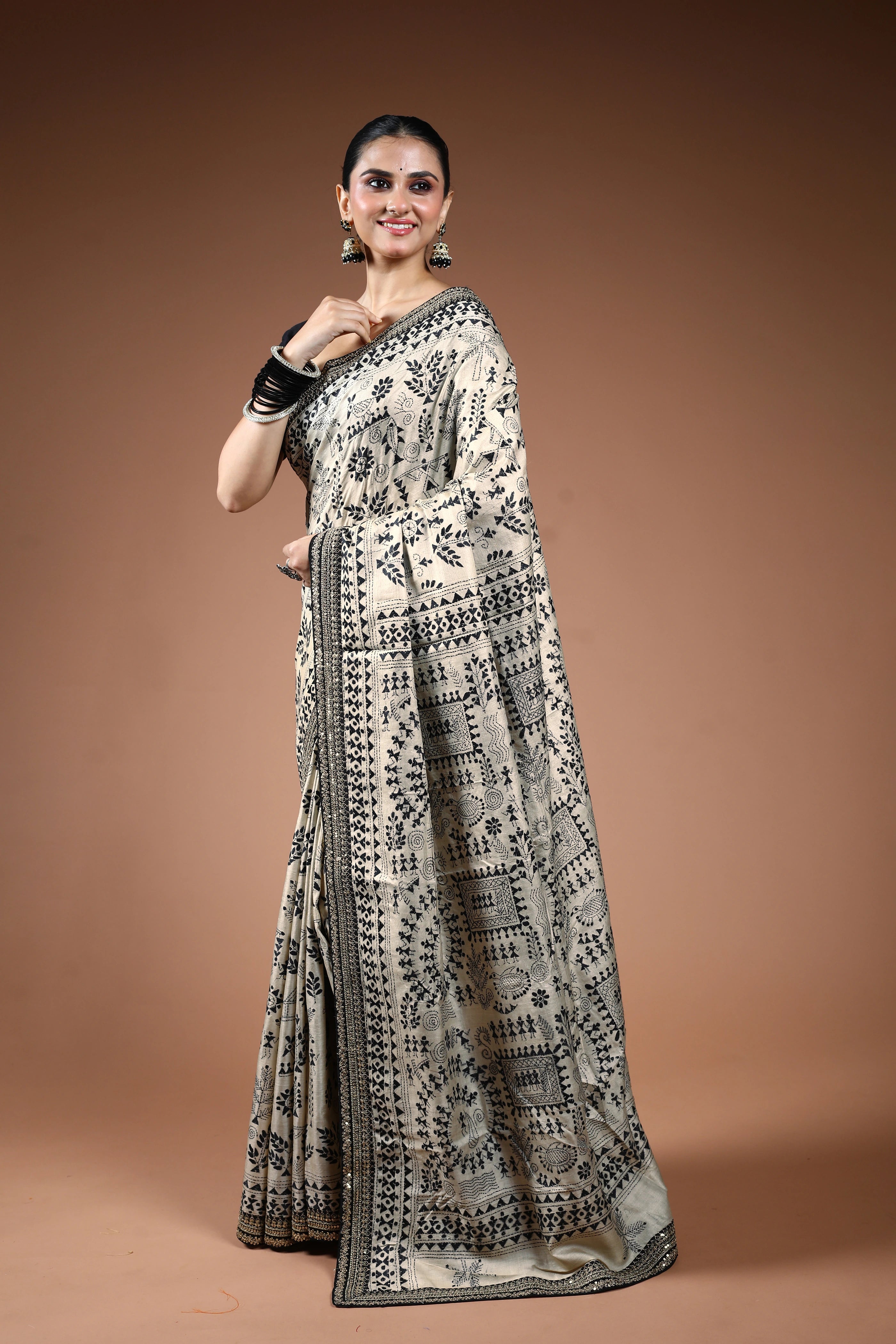 Offwhite Worli Kantha With Desginer Border Saree With Blouse Piece