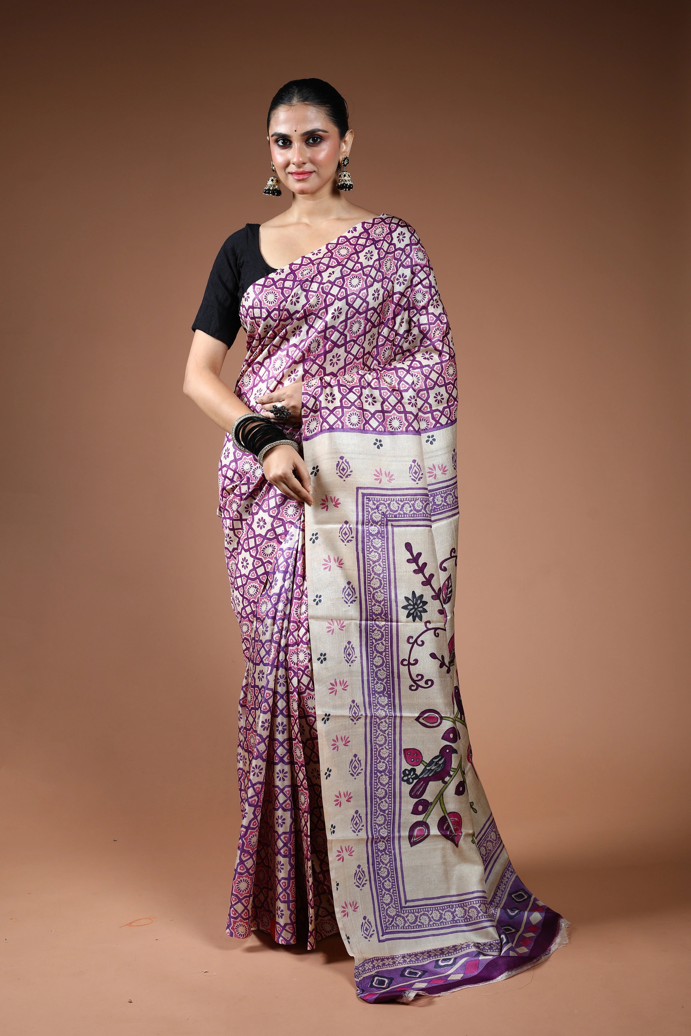Purple Offwhite Tussar Printed Saree With Blouse Piece