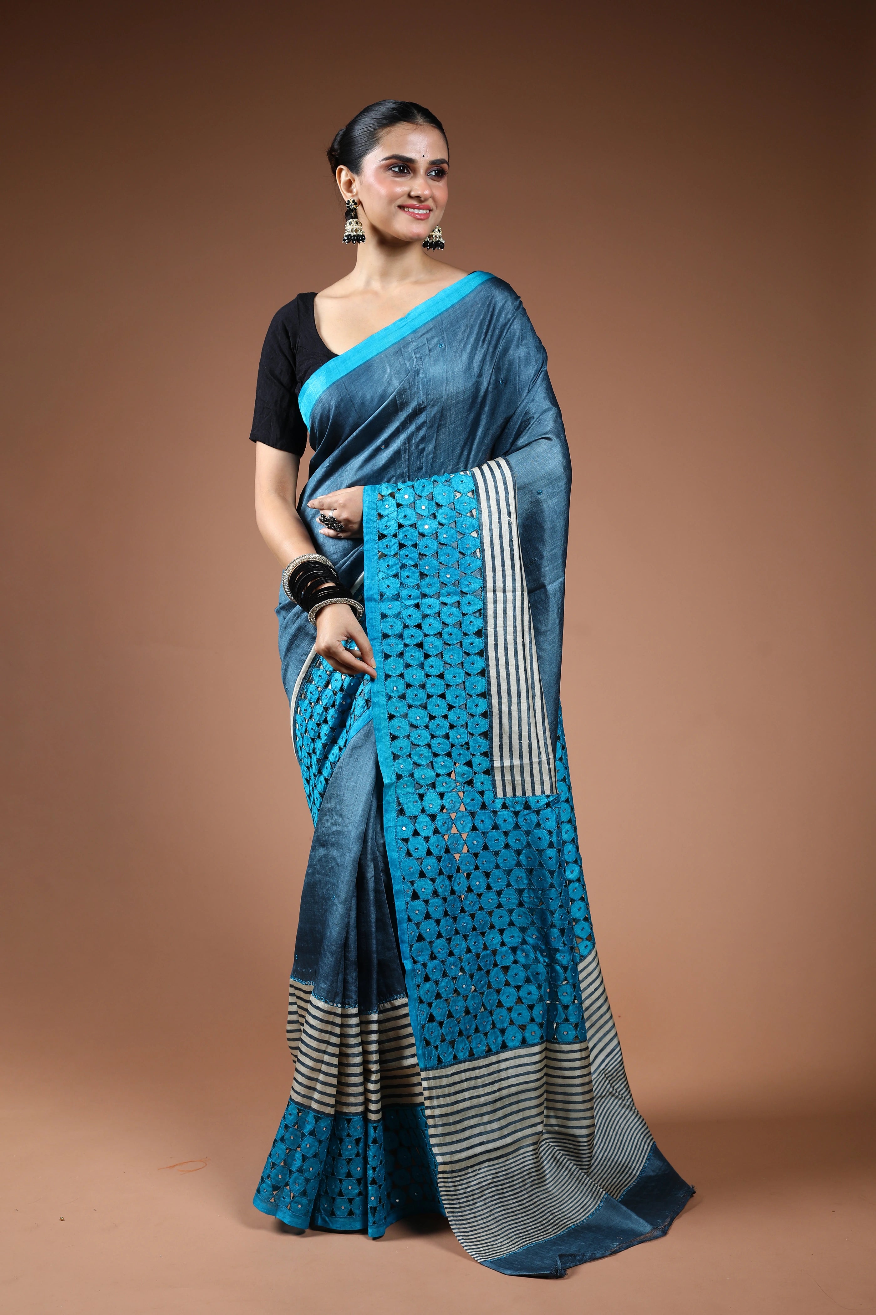 Turquoish Tussar Cutwork Saree With Blouse Piece