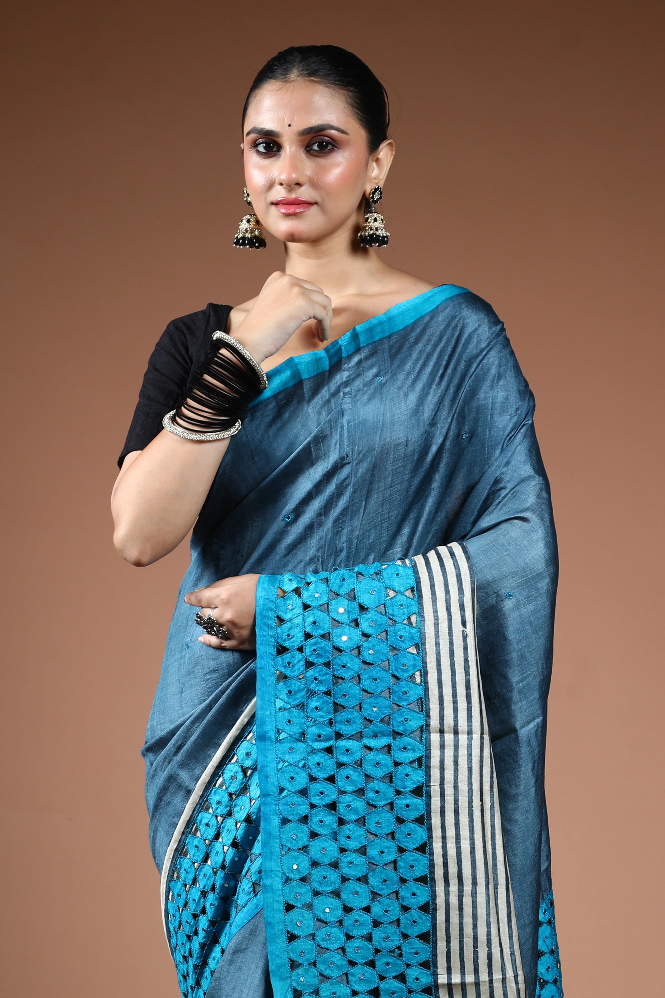 Turquoish Tussar Cutwork Saree With Blouse Piece