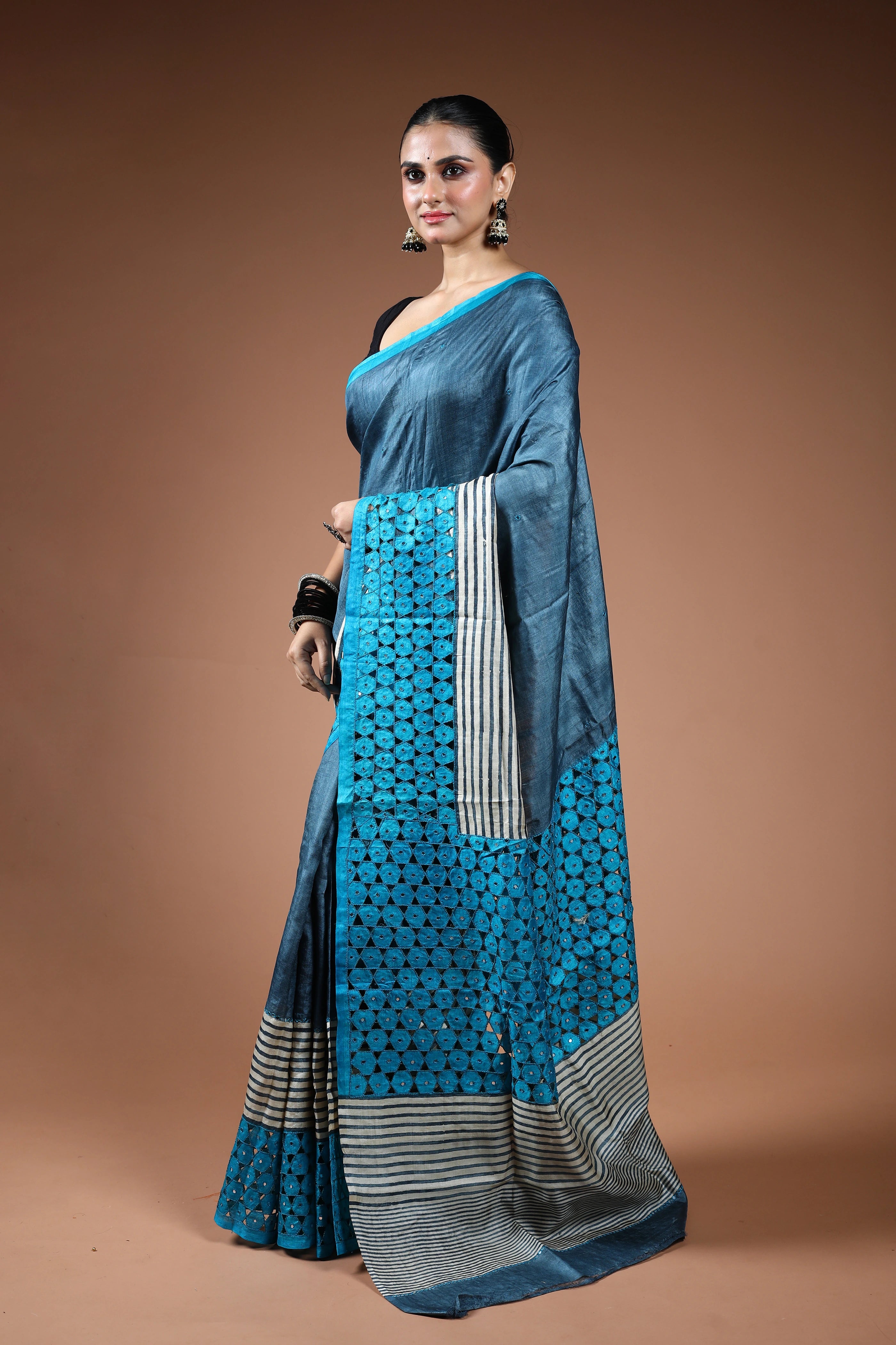 Turquoish Tussar Cutwork Saree With Blouse Piece
