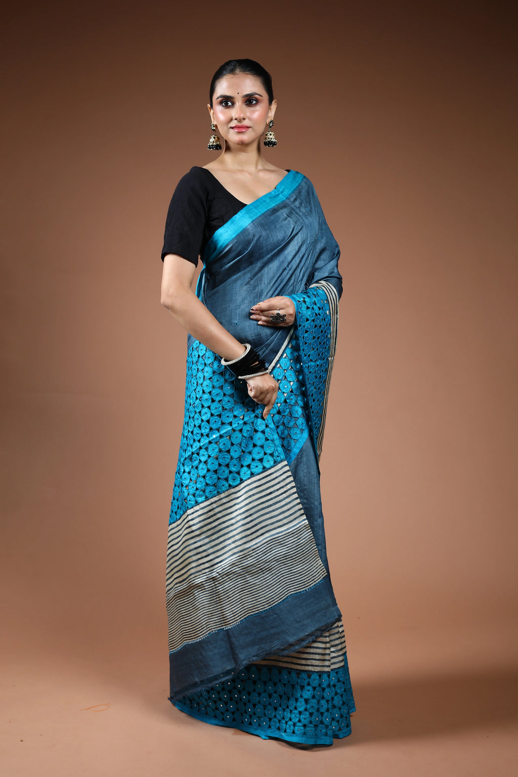 Turquoish Tussar Cutwork Saree With Blouse Piece