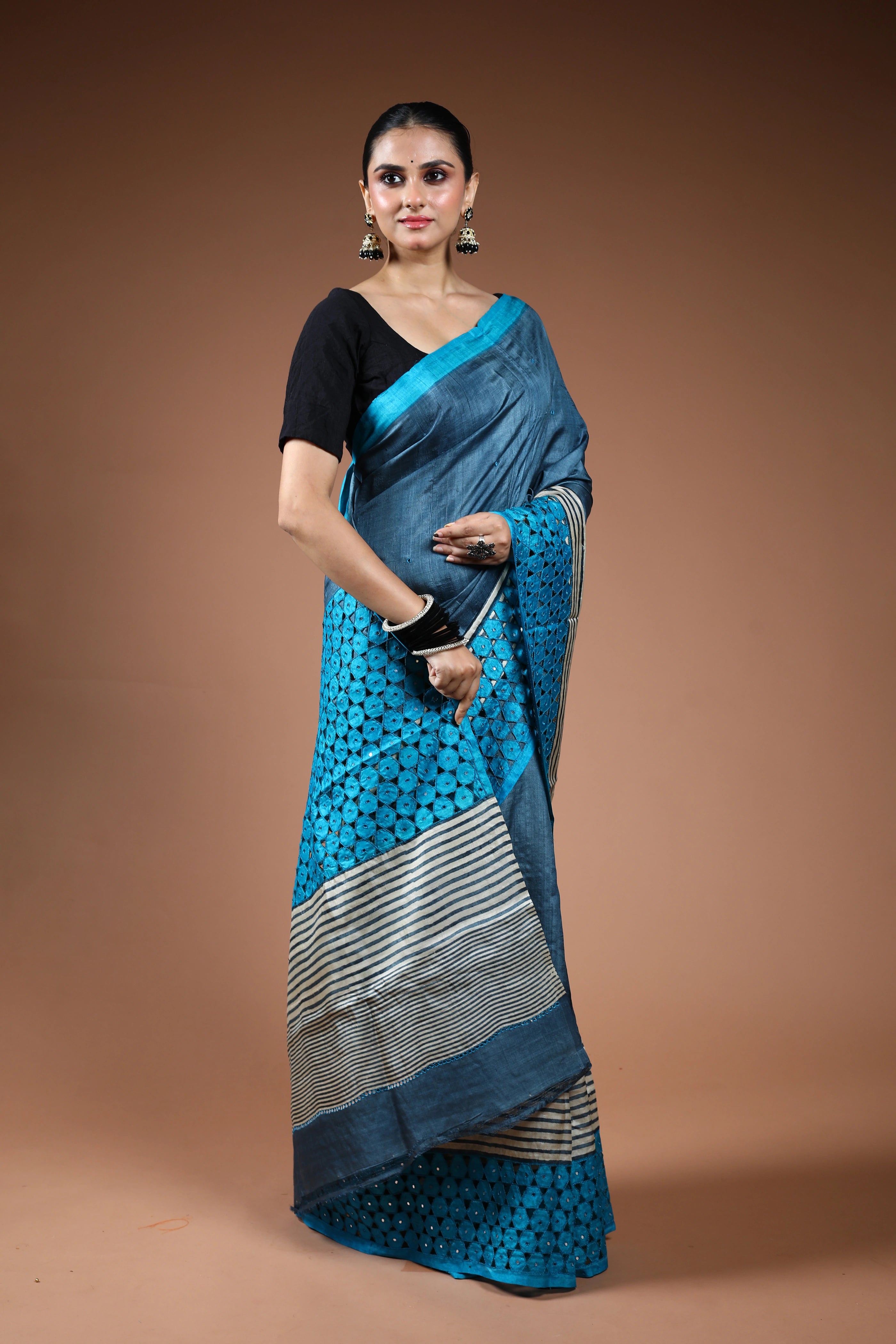 Turquoish Tussar Cutwork Saree With Blouse Piece