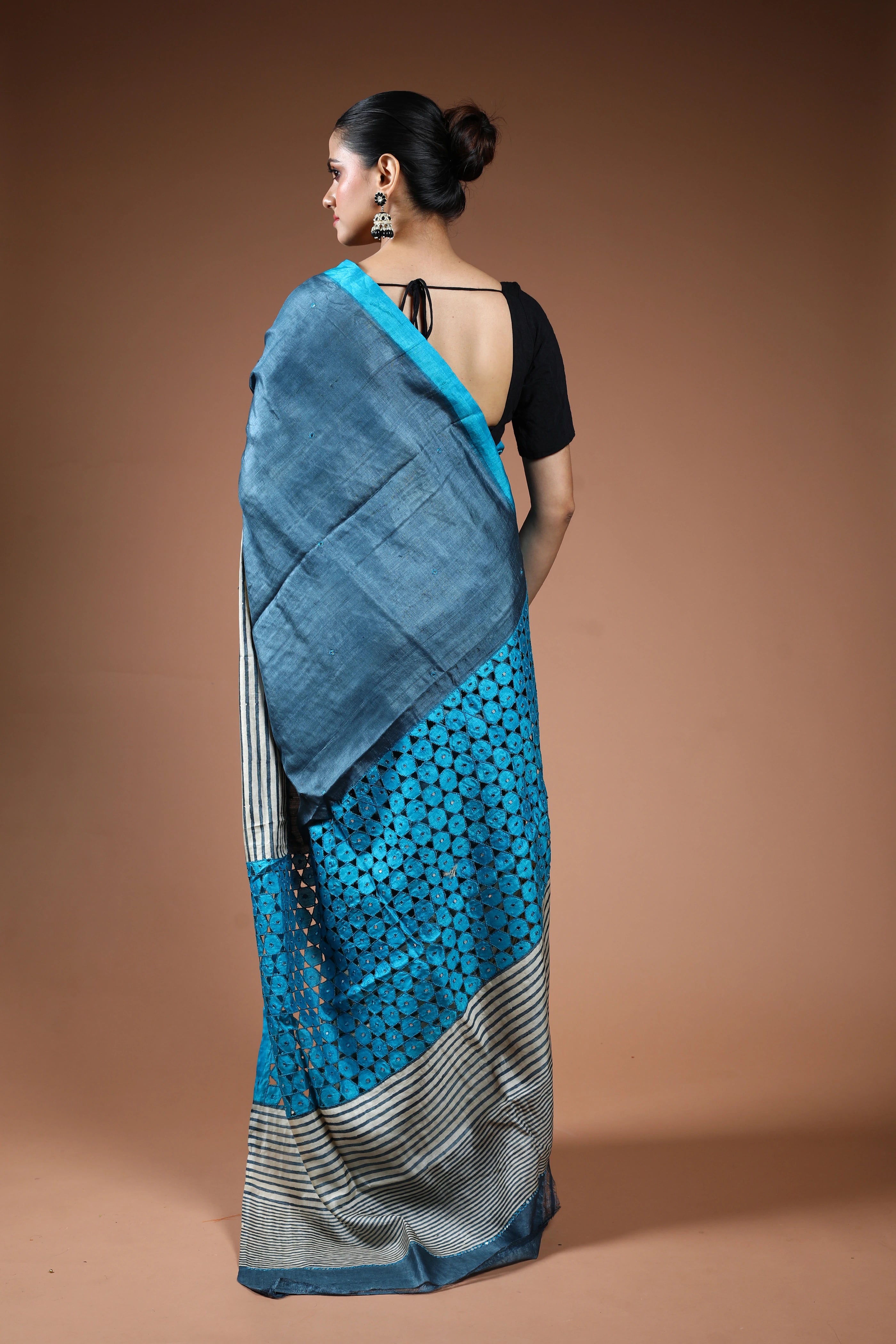Turquoish Tussar Cutwork Saree With Blouse Piece