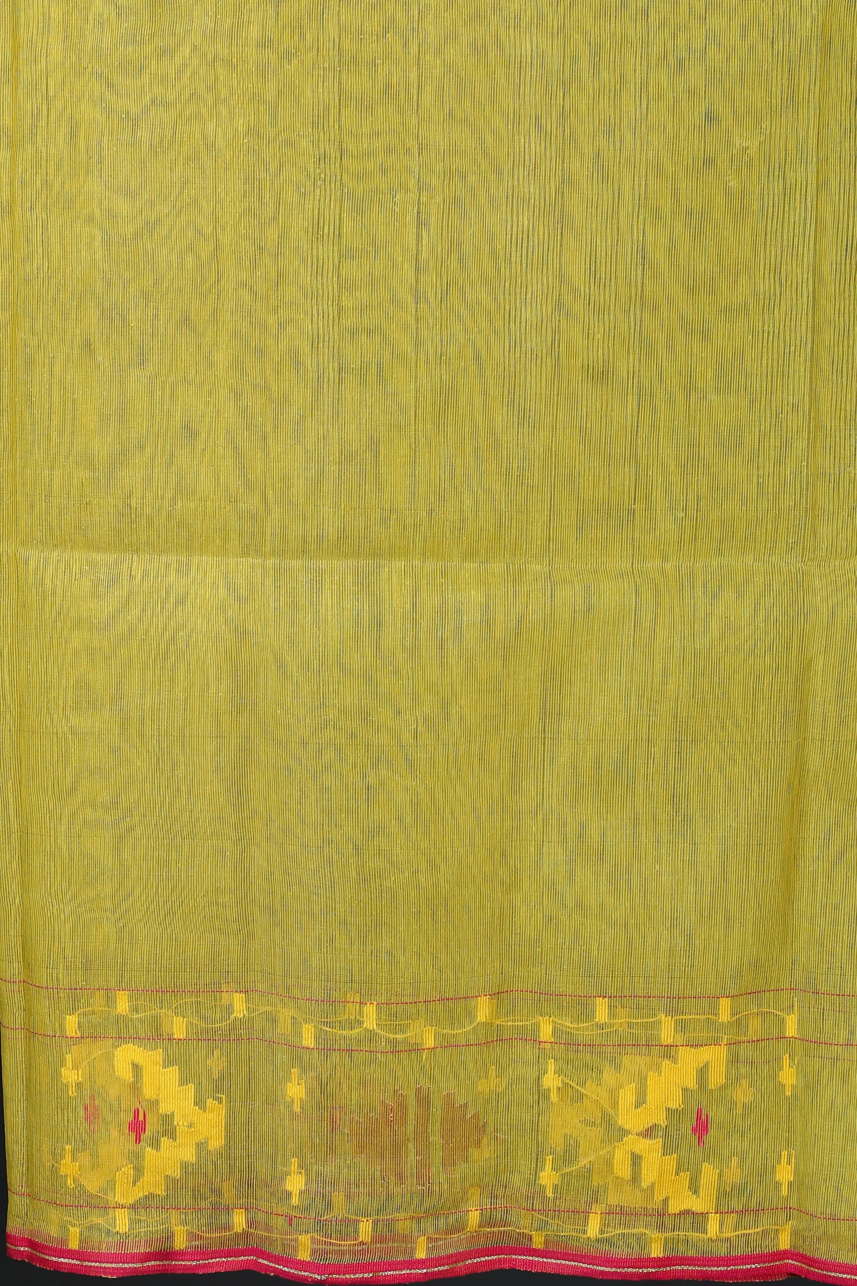 Greenish Yellow Dhakai Jamdani Saree With Blouse Piece
