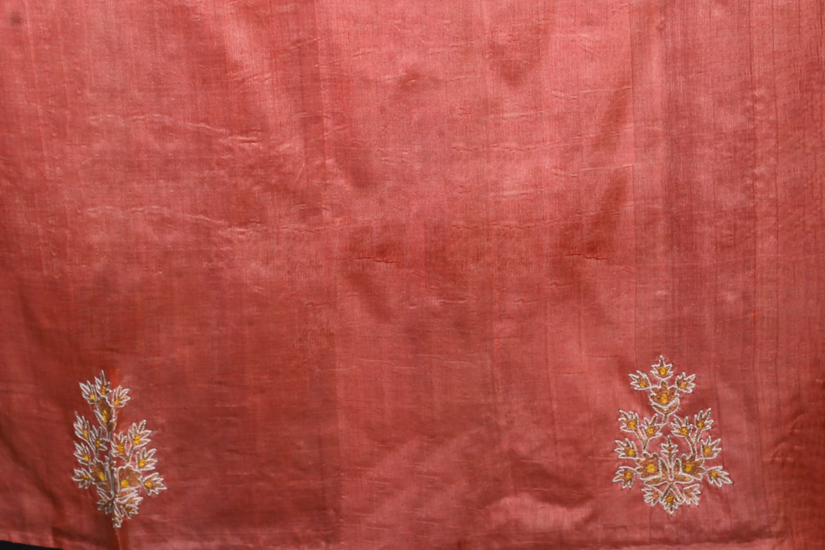 Peach & Pink Tussar Saree With Blouse Piece