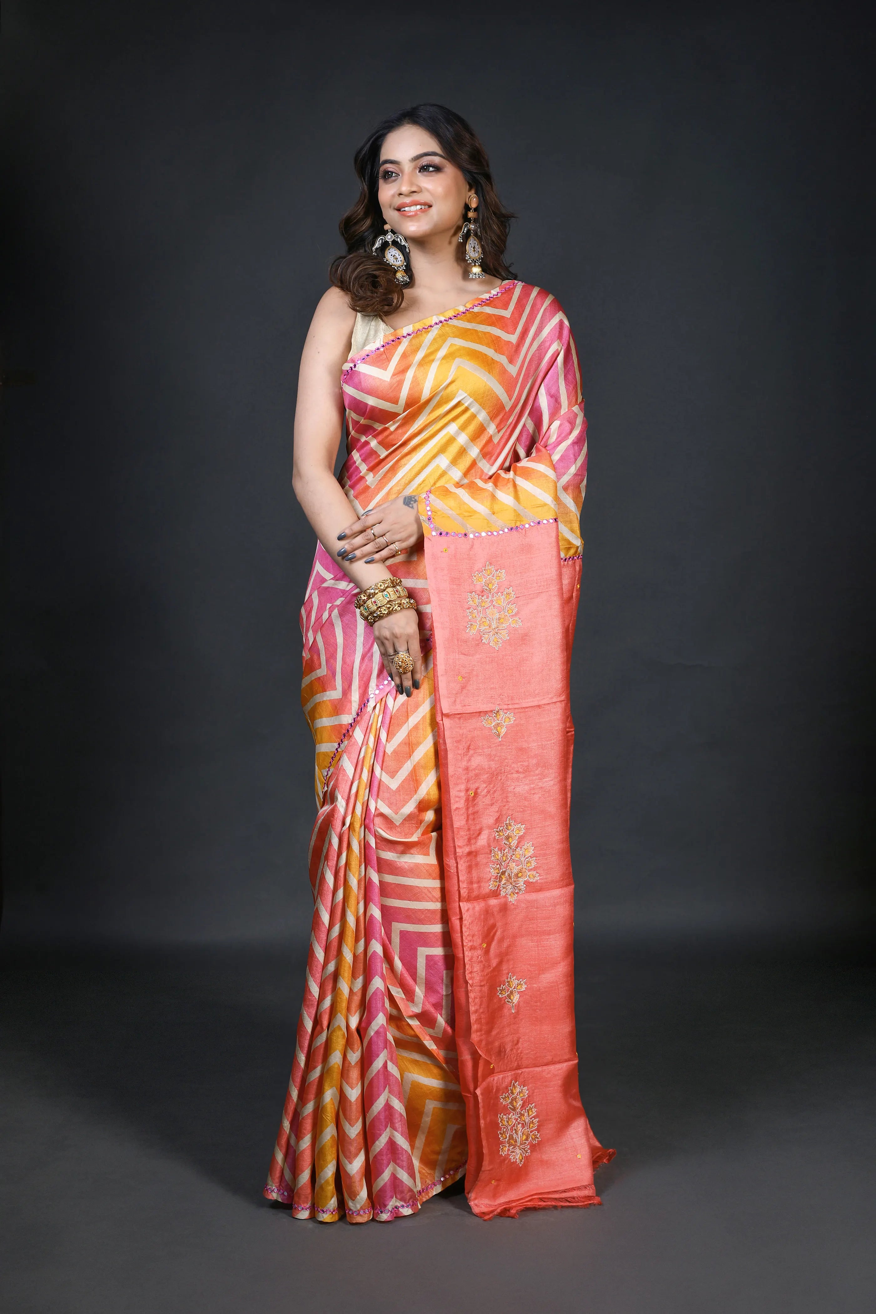 Peach & Pink Tussar Tussar Saree With Blouse Piece