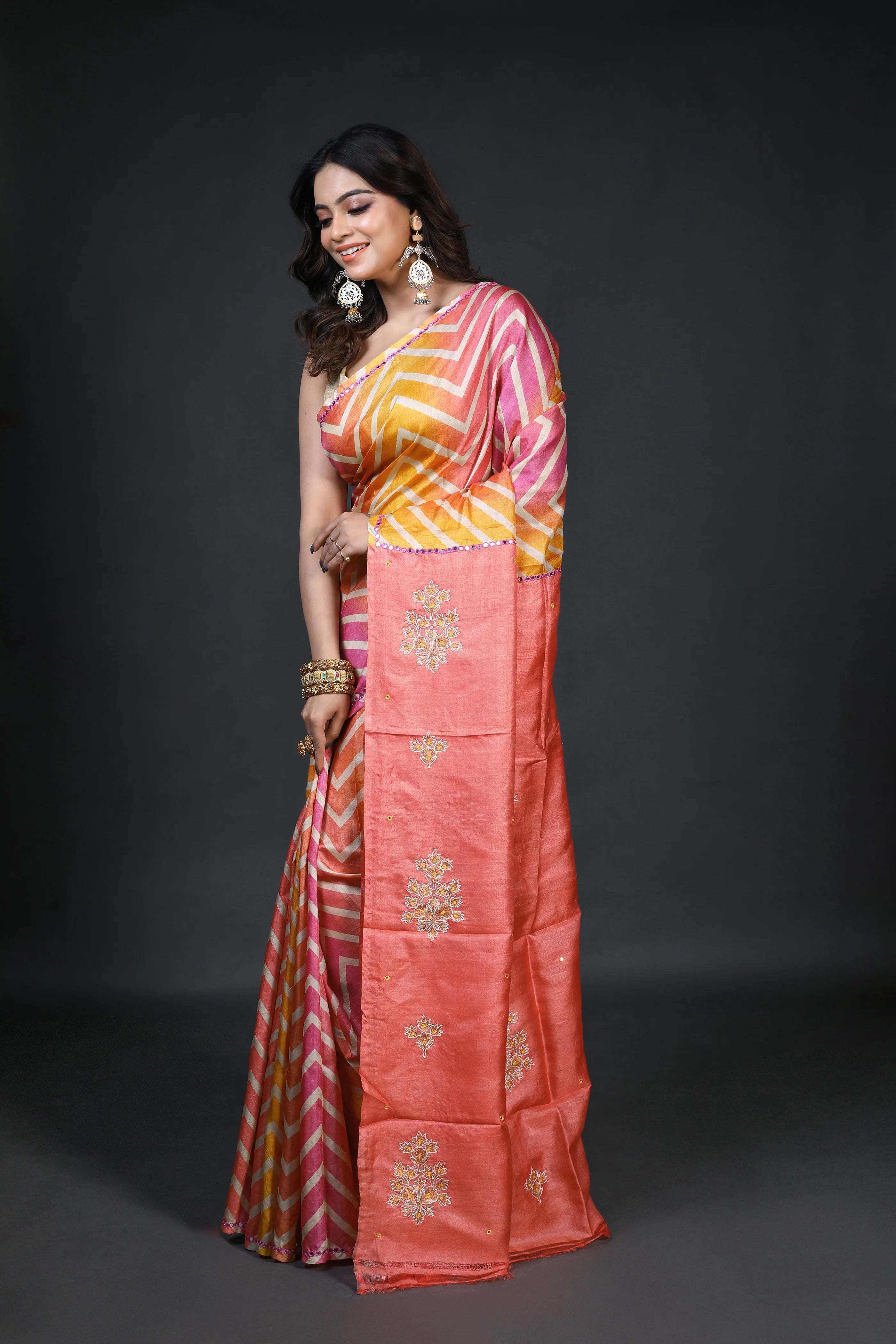 Peach & Pink Tussar Tussar Saree With Blouse Piece