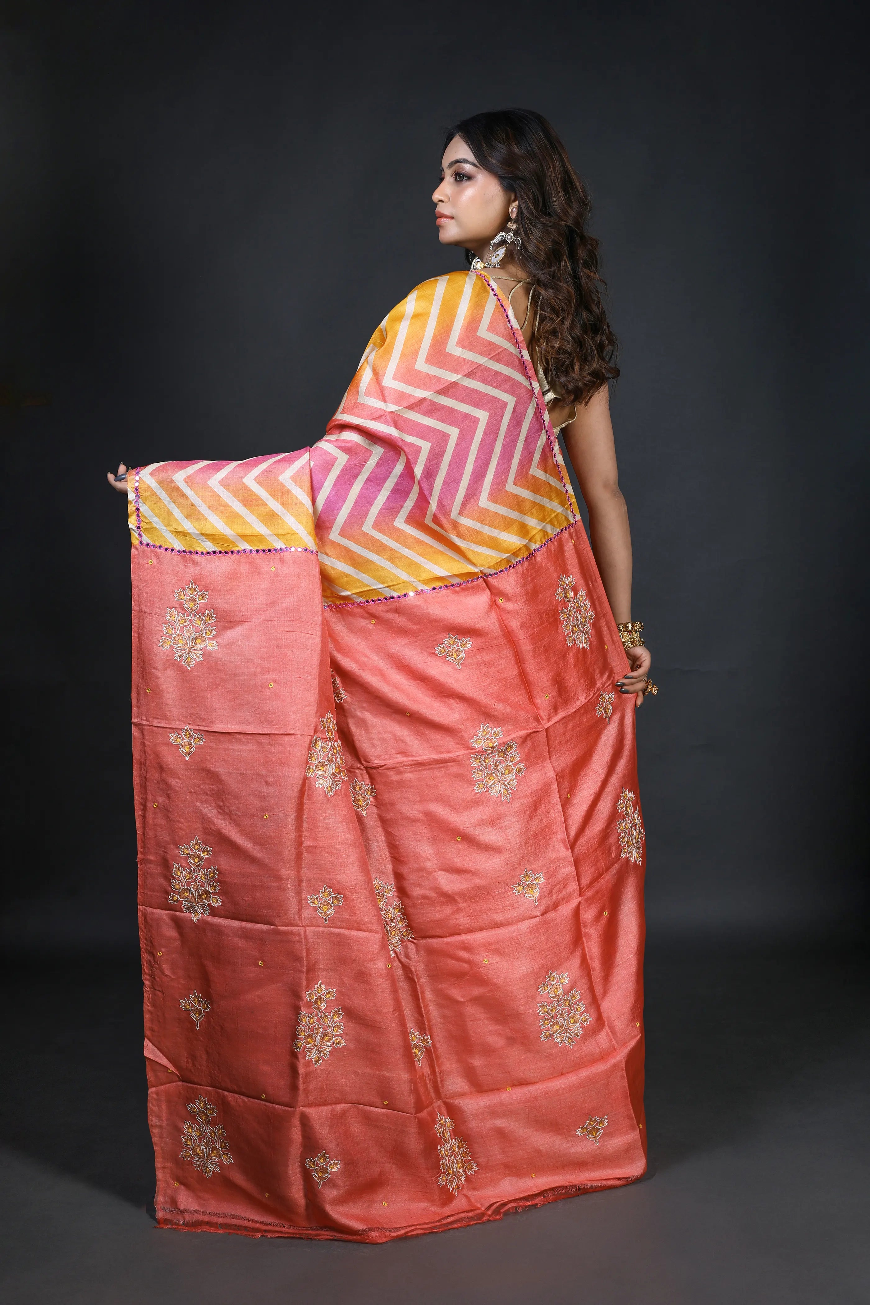 Peach & Pink Tussar Tussar Saree With Blouse Piece