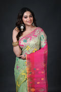 Green Rani Dhakai Jamdani Saree With Blouse Piece