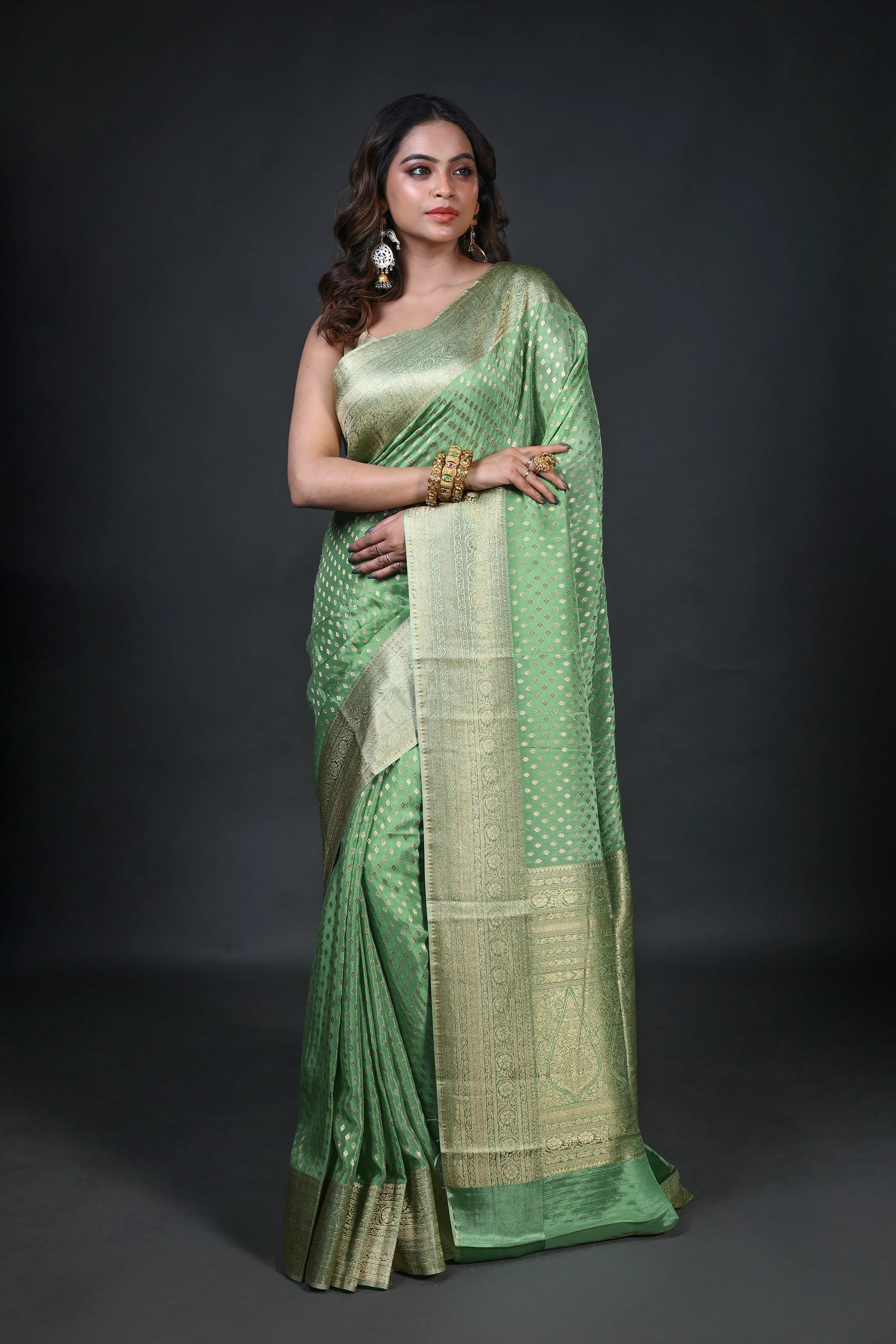 Pista Green Semi Mashru Banarasi Saree With Blouse Piece