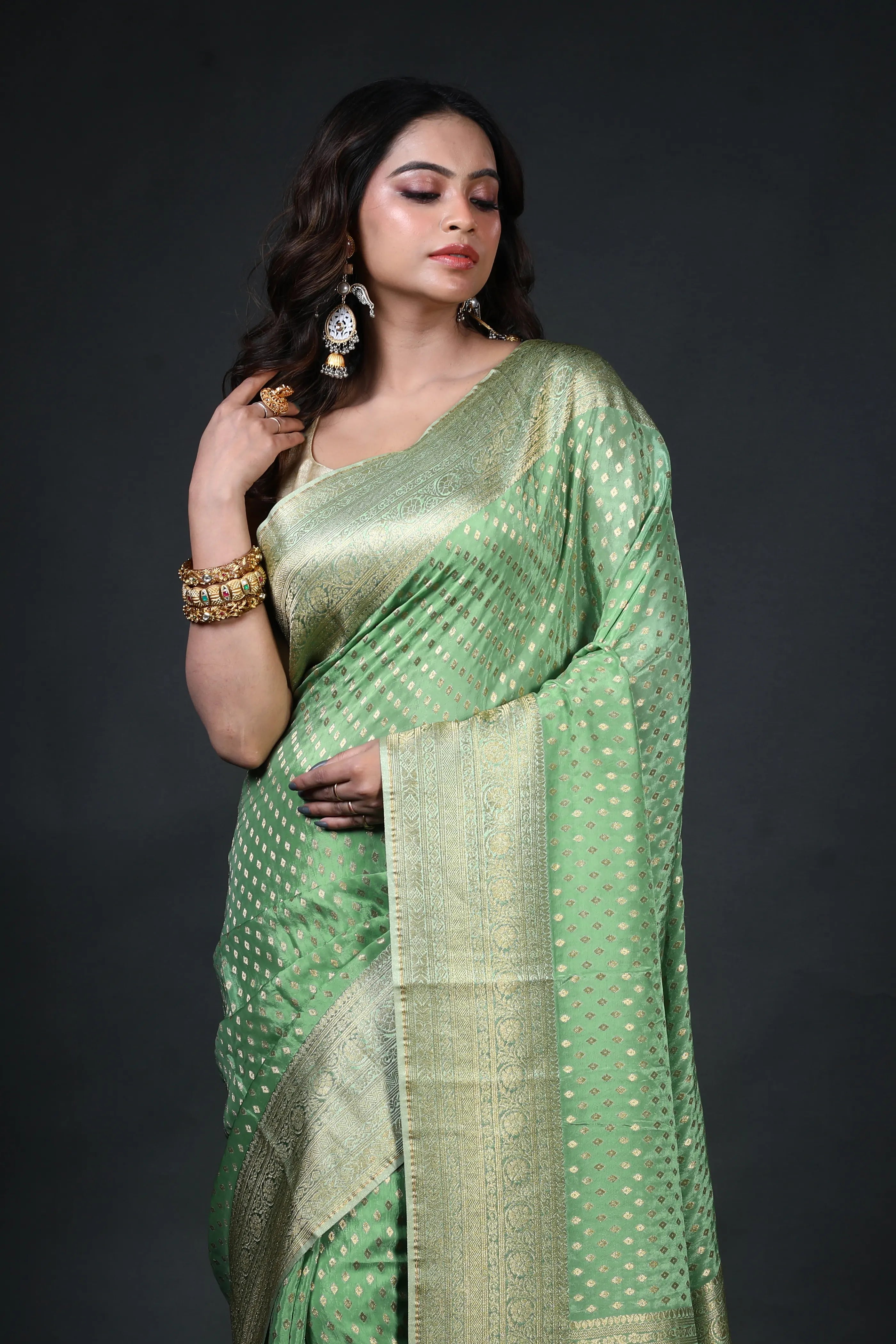 Pista Green Semi Mashru Banarasi Saree With Blouse Piece
