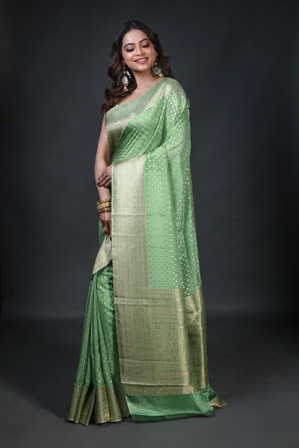 Pista Green Semi Mashru Banarasi Saree With Blouse Piece