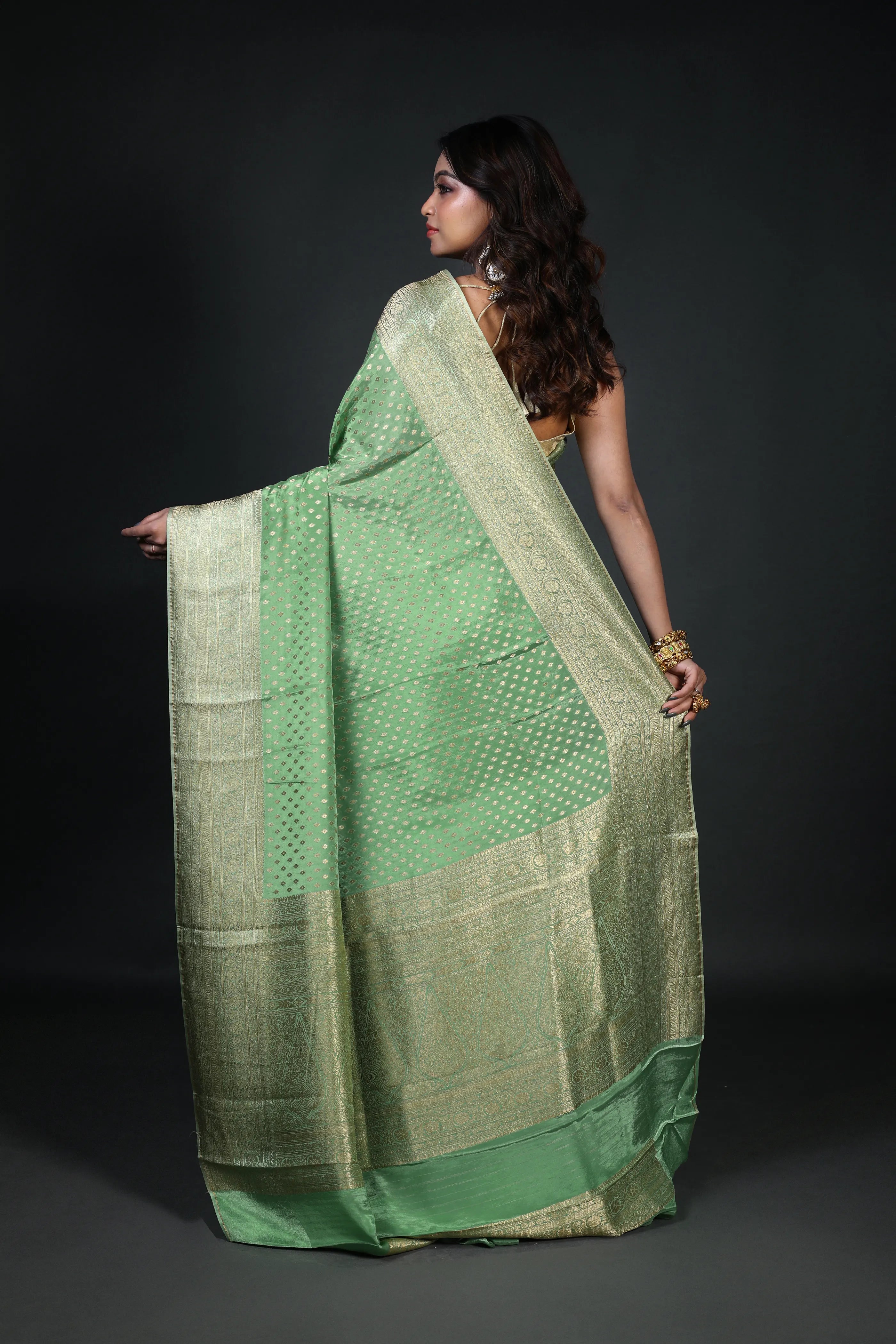 Pista Green Semi Mashru Banarasi Saree With Blouse Piece