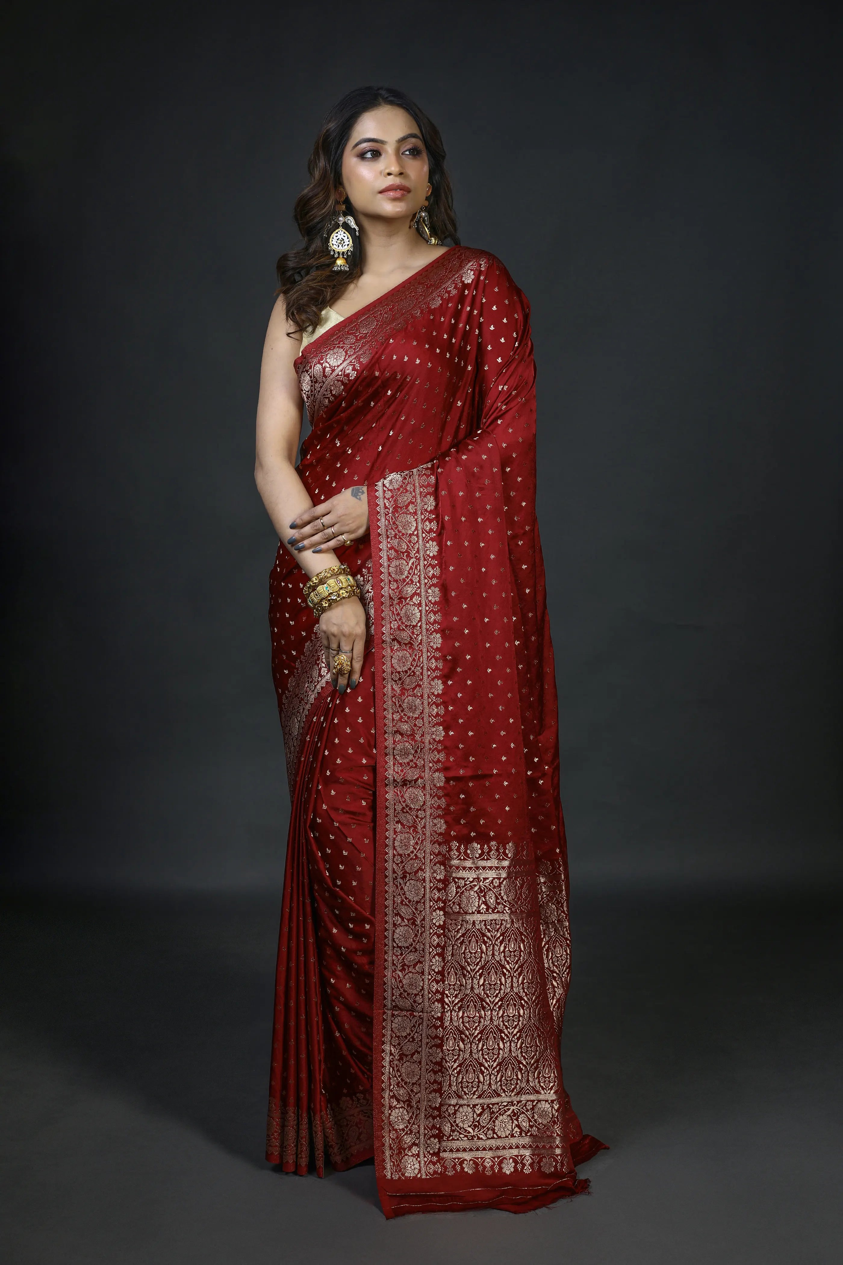 Maroon Blended Crepe Banarasi Saree With Blouse Piece